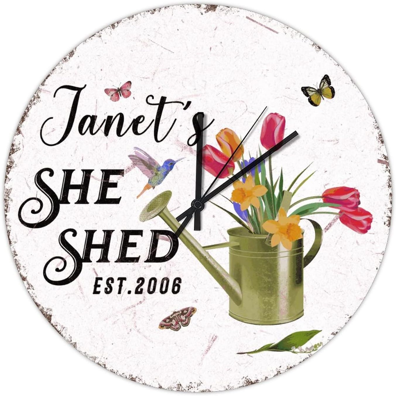 Home Decor Round Wood Clock 15 Inch Personalized Name She Shed Flowers Silent Non-Ticking Battery Operated Wall Clock for Bedroom Kid's Room Birthday Gifts for Friends Family