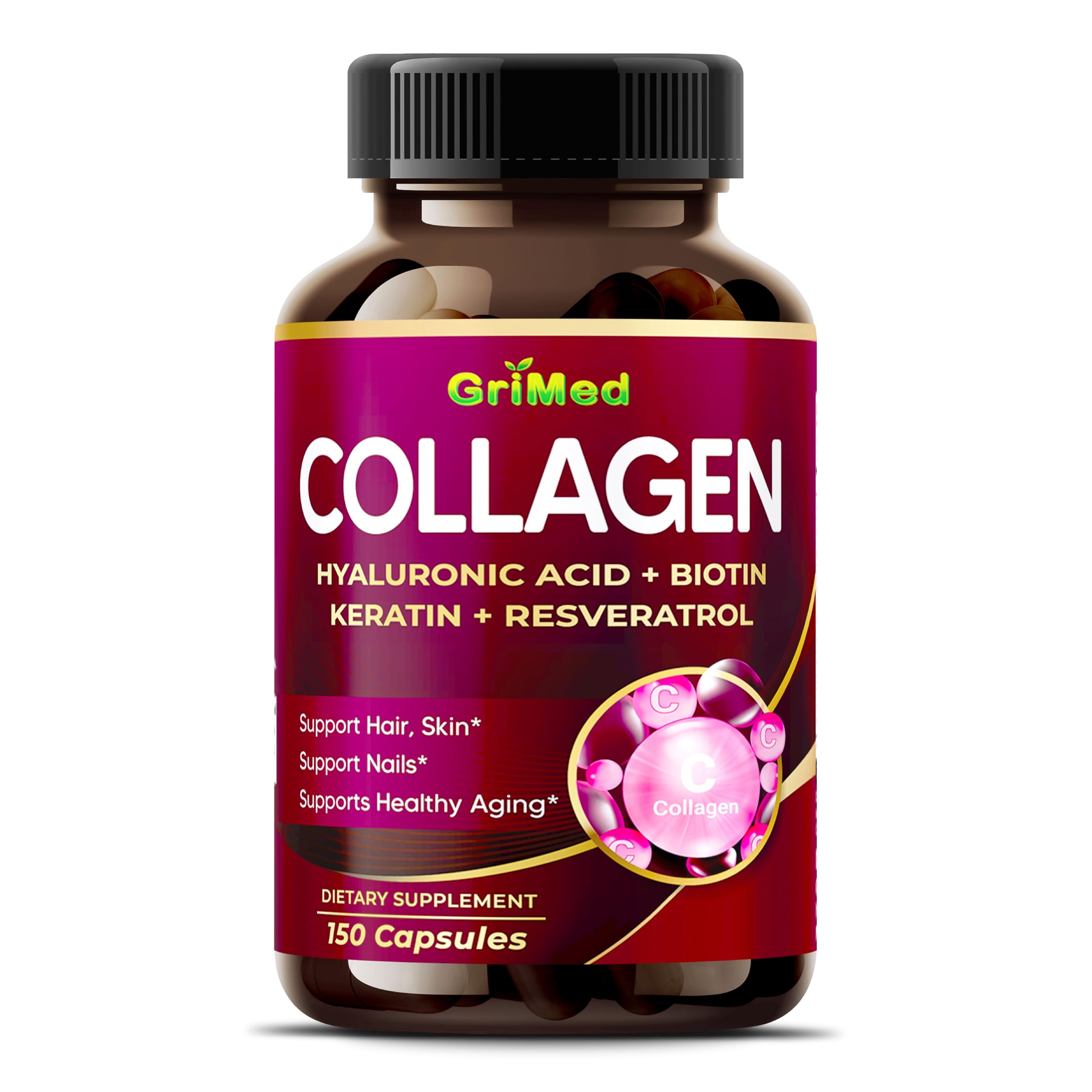 GriMed Organic Collagen 6 419 mg with Hyaluronic Acid Biotin Keratin Resveratrol Hair Skin Nails Vitamins 150 Count