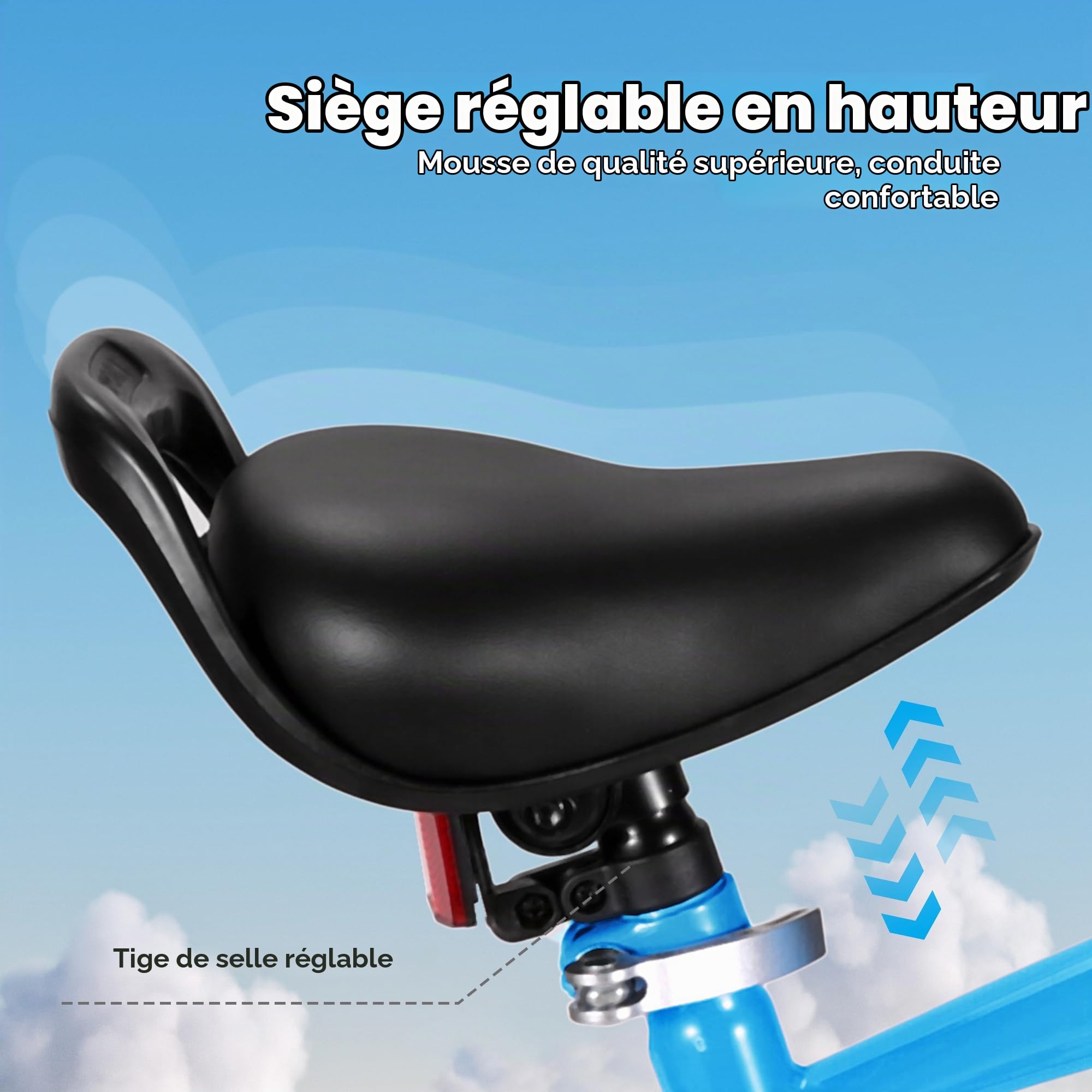 BODIOO Vélo pour enfant de 16" avec siège réglable, roues stabilisatrices, frein à main, frein à rétropédalage et cadre solide pour cyclistes de 104 à 117 cm (bleu)