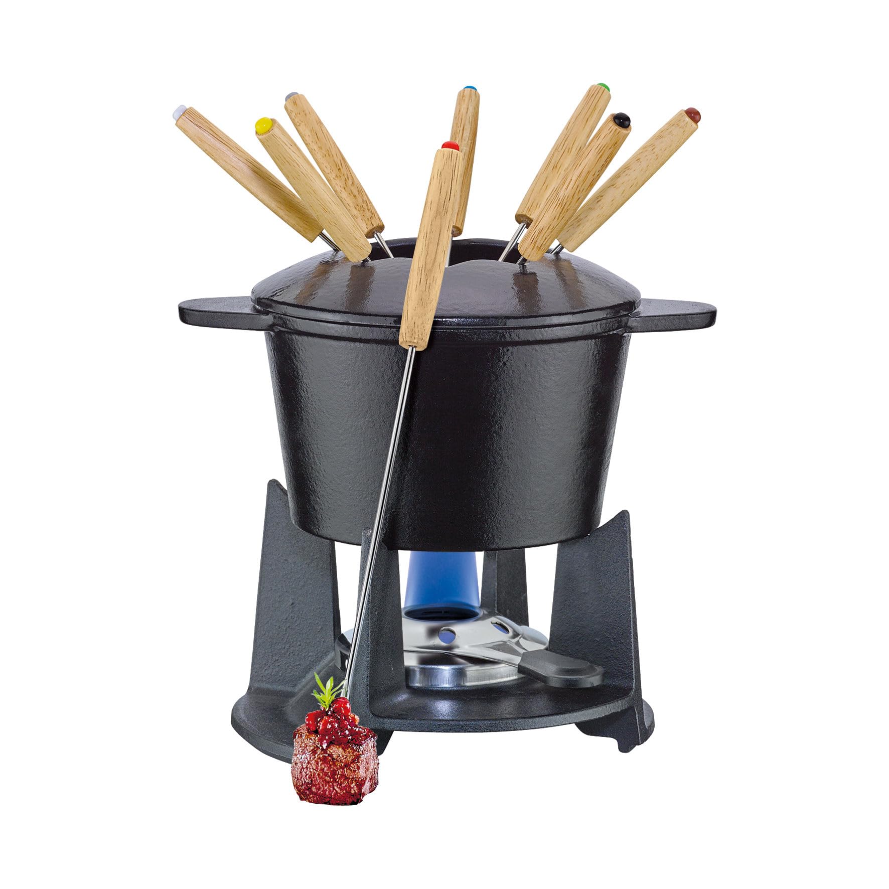 Fondue Grenole Set à fondue en fonte avec 8 fourchettes à fondue Noir Ø 15,5 cm