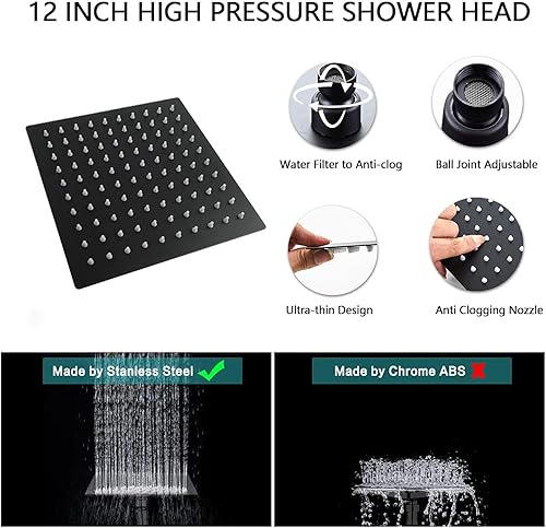 Miniatura 3 de Cabezal de ducha de lluviaprecipitación totalmente de metal de 12 pulgadas con combo de rociador de mano, cabezal de ducha cuadrado de alta presión