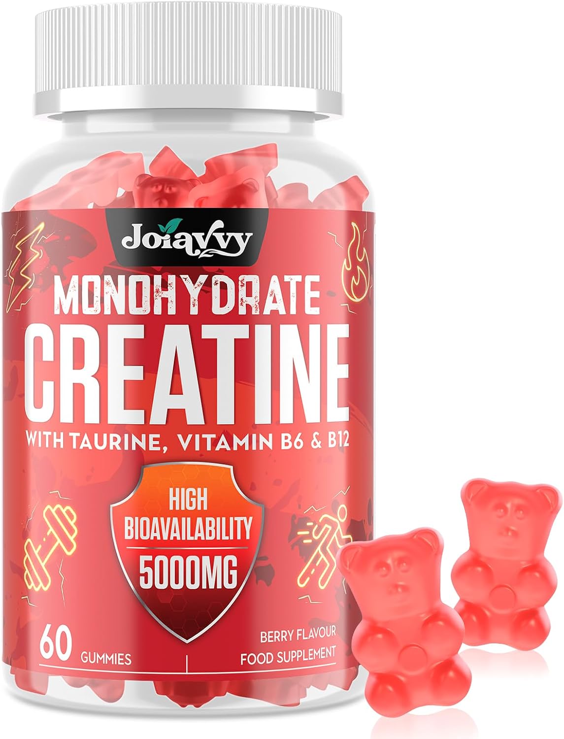 Creatine Monohydrate Gummies 5000mg Per Serving for Men & Women, Enhanced with Taurine & Vitamin B6, Pre -Workout Supplement for Muscle Growth, Strength & Recovery, Berry Flavor, 60 Vegan Gummies