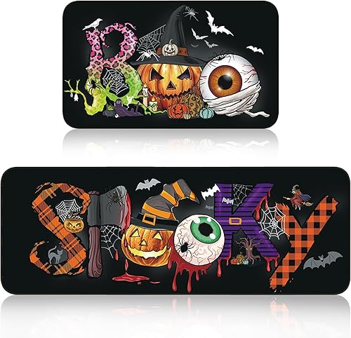 Ceenna Juego de 2 alfombras y tapetes de cocina de Halloween, tapete antideslizante con corredor de Halloween, lindos tapetes de cocina para el