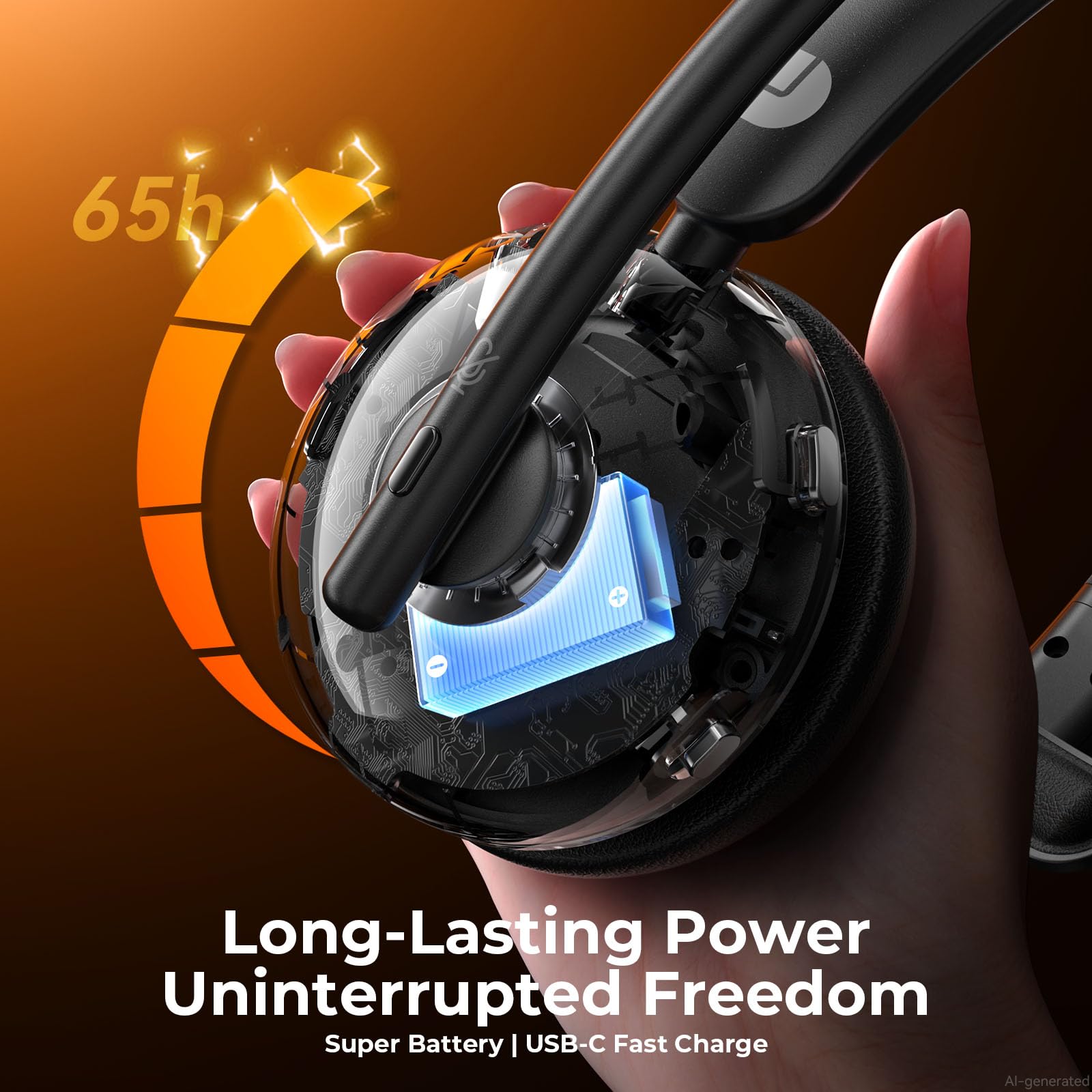 Cuffie wireless con microfono per lavoro, cuffie Bluetooth 5.3 con cancellazione del rumore AI, batteria 65H e funzione mute, cuffie wireless a orecchio singolo e dongle USB, adatte per PC/laptop/team