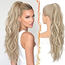 BARSDAR 25 Inch Synthetic Dual Claw Clip Ash Blonde Wavy Ponytail Extension