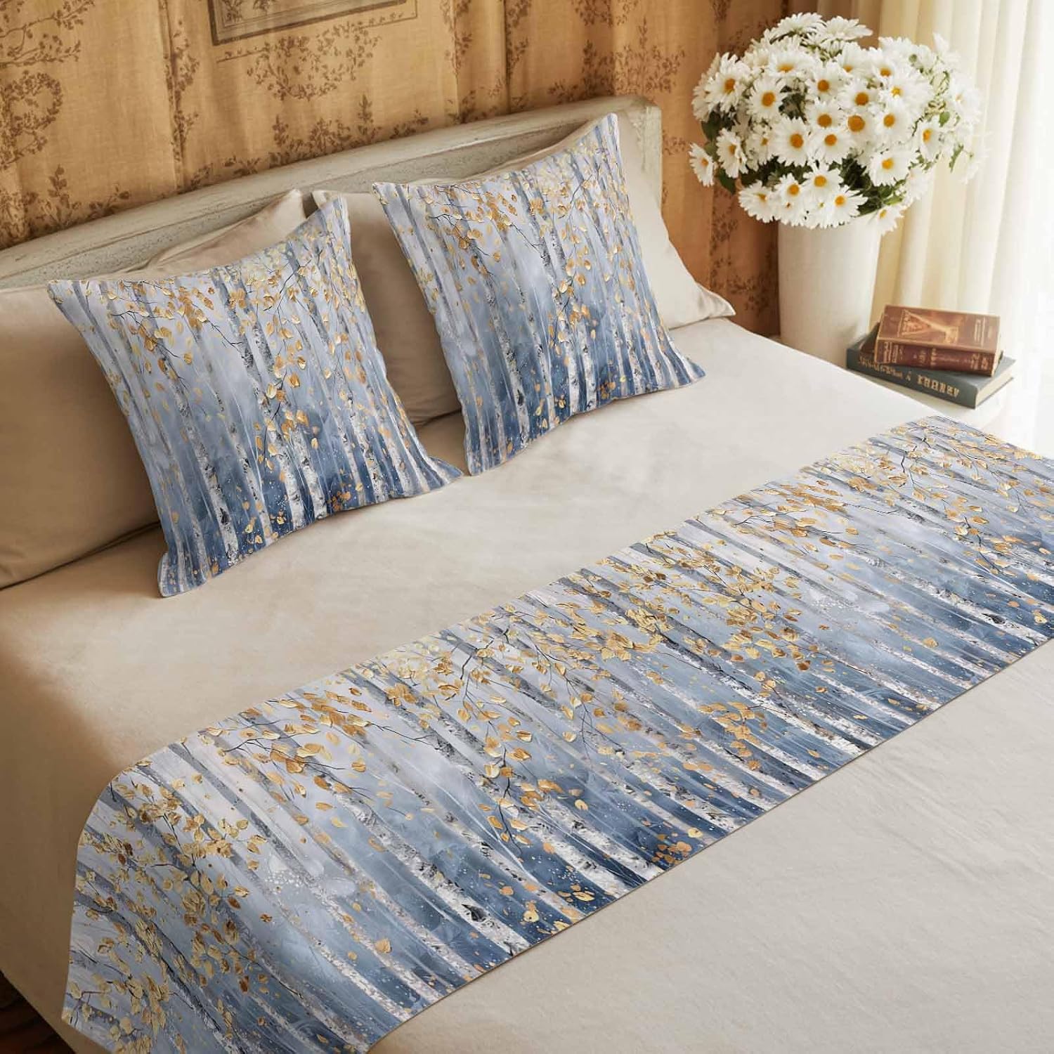 DecorLovee Yellow Blue Forest Bed Runners for King Size Bed with 2 Matching Pillow Covers, Modern Oil Painting Art Decorative Sofa Throw Bedding Scarf Protector Slipcover for Bedroom