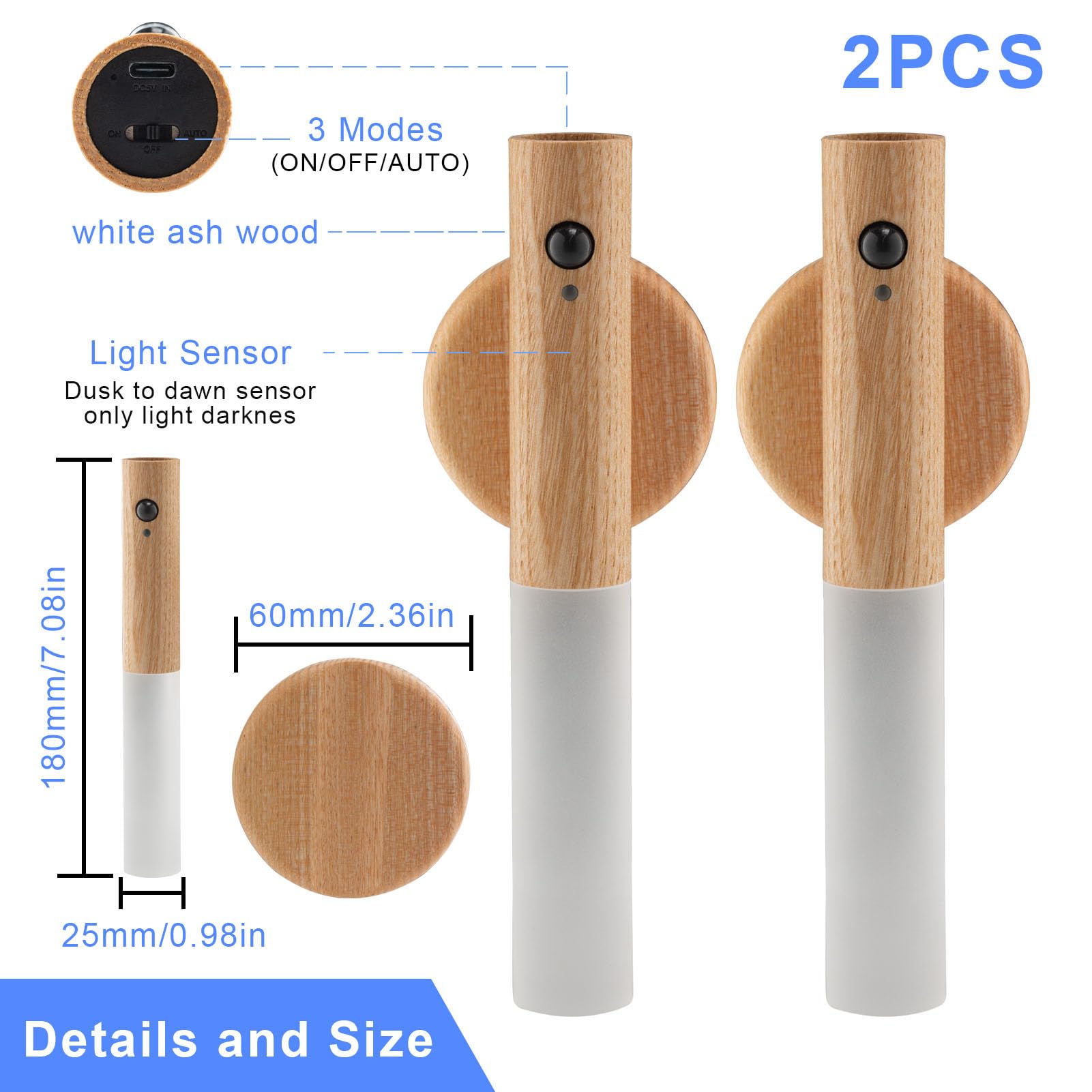 LANDGOO Lot De 2 Appliques Murales LED Sans Fil – Détecteur De Mouvement, Rechargeables (Bois De Noyer Noir)