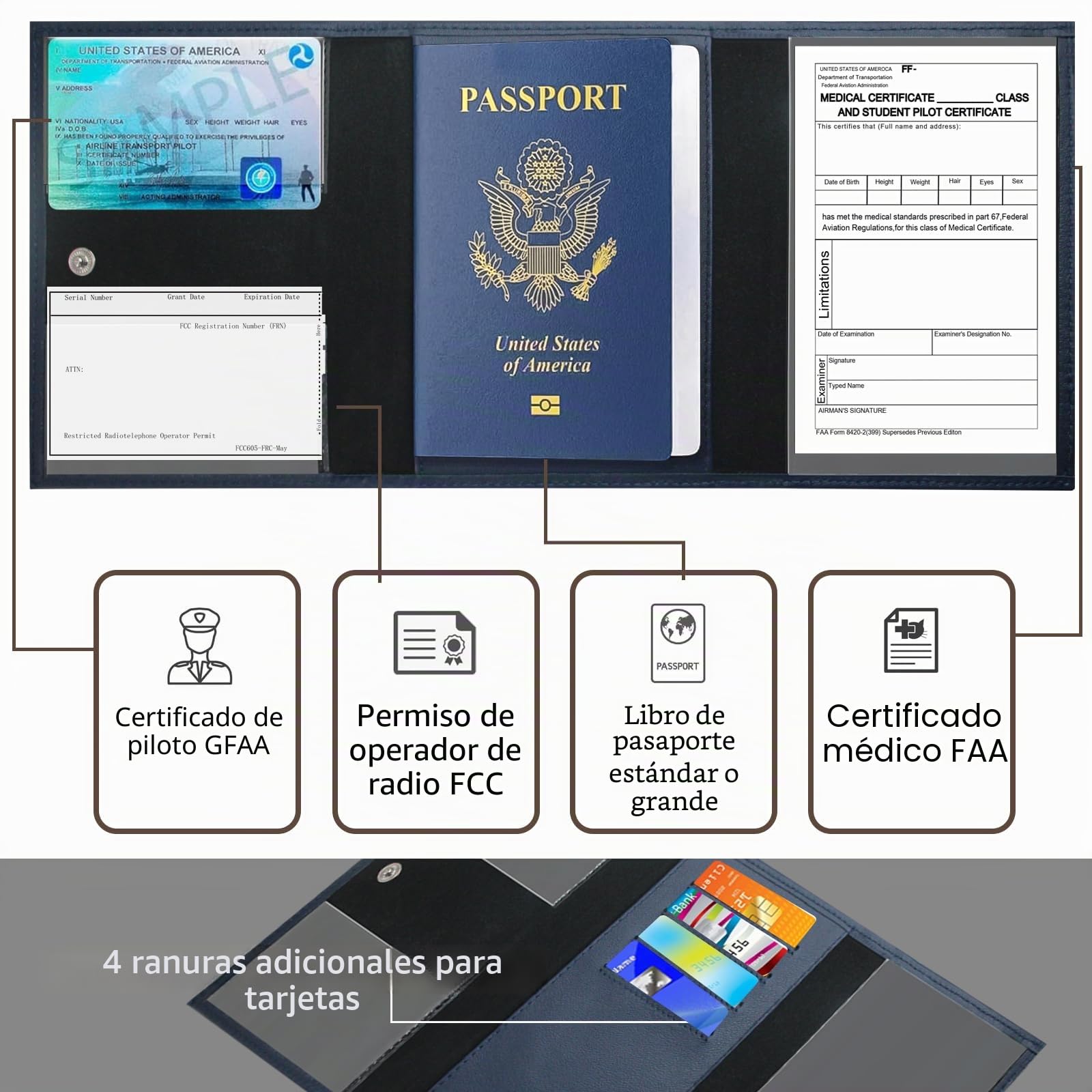 Boshiho Cartera para pasaporte de piloto – Accesorios de cuero azul para pasaporte, pasaporte de viaje de cuero premium, organizador de documentos de viaje, funda protectora para pasaporte, tarjeta de