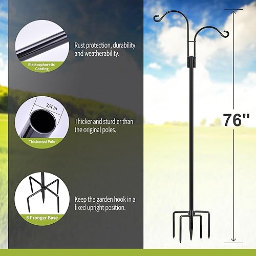 Miniatura 4 de XDW-GIFTS Ganchos de pastor dobles para exteriores, paquete de 2 postes de jardín resistentes para colgar comederos de pájaros, cestas de plantas,
