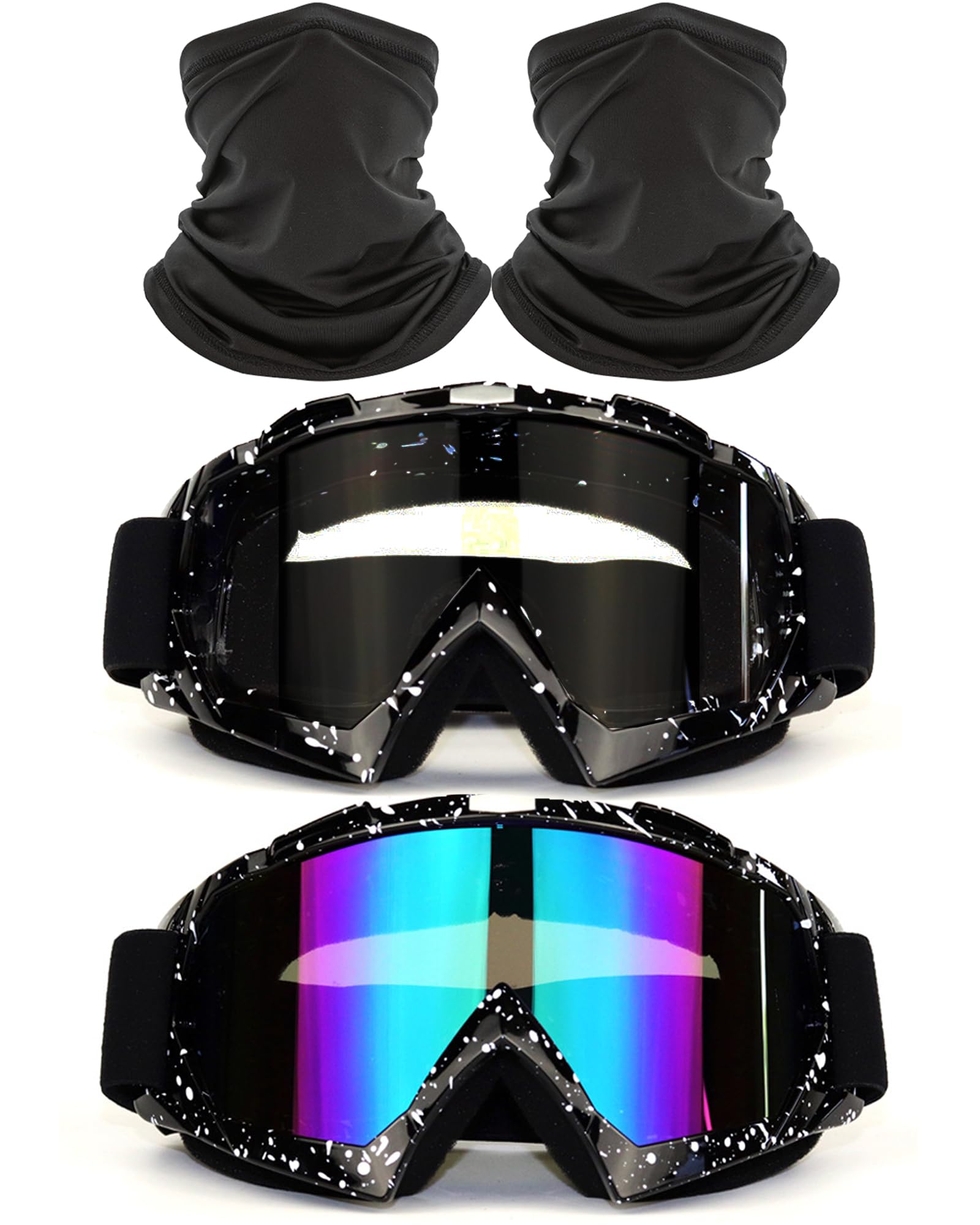 Paquete de 2 gafas de motocross color negro mármol con 2 polainas para el cuello, para motocicleta, ATV, equitación, esquí, carreras