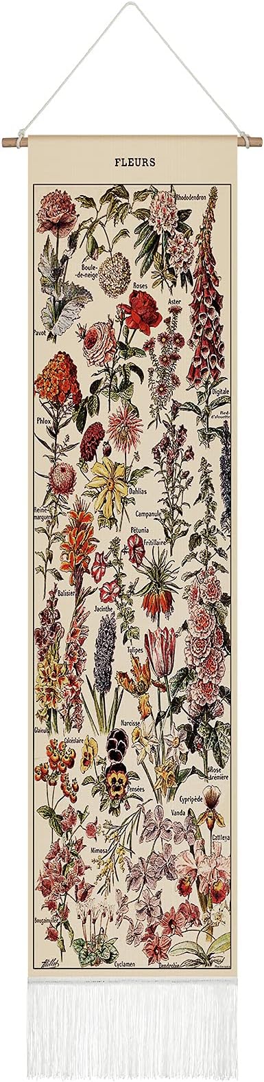 Tegeme Vintage Tapestry 52 x 13 Inch, Long Vertical Wall Hanging Reference Illustrative Botanical Tassel Tapestry for Bedroom Living Room Home Decoration(Flower)
