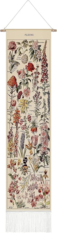 Tegeme Vintage Tapestry 52'' x 13'' Long Vertical Wall Hanging (Flower) | Vintage Tapestry,Long Vertical Wall Hanging, Botanical Tassel , Boho Tapestry for Bedroom Living Room Home Decoration