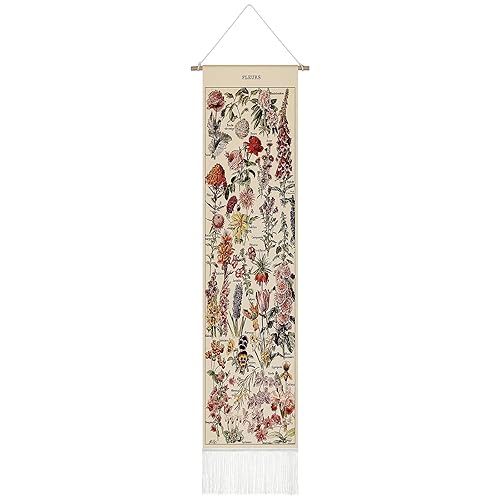 Tegeme Vintage Tapestry, 52 x 13 Inch Vertical Wall Hanging, Botanical Tapestry with Tassel for Bedroom & Living Room Decoration (Flower, Vintage) - Floral - Vintage