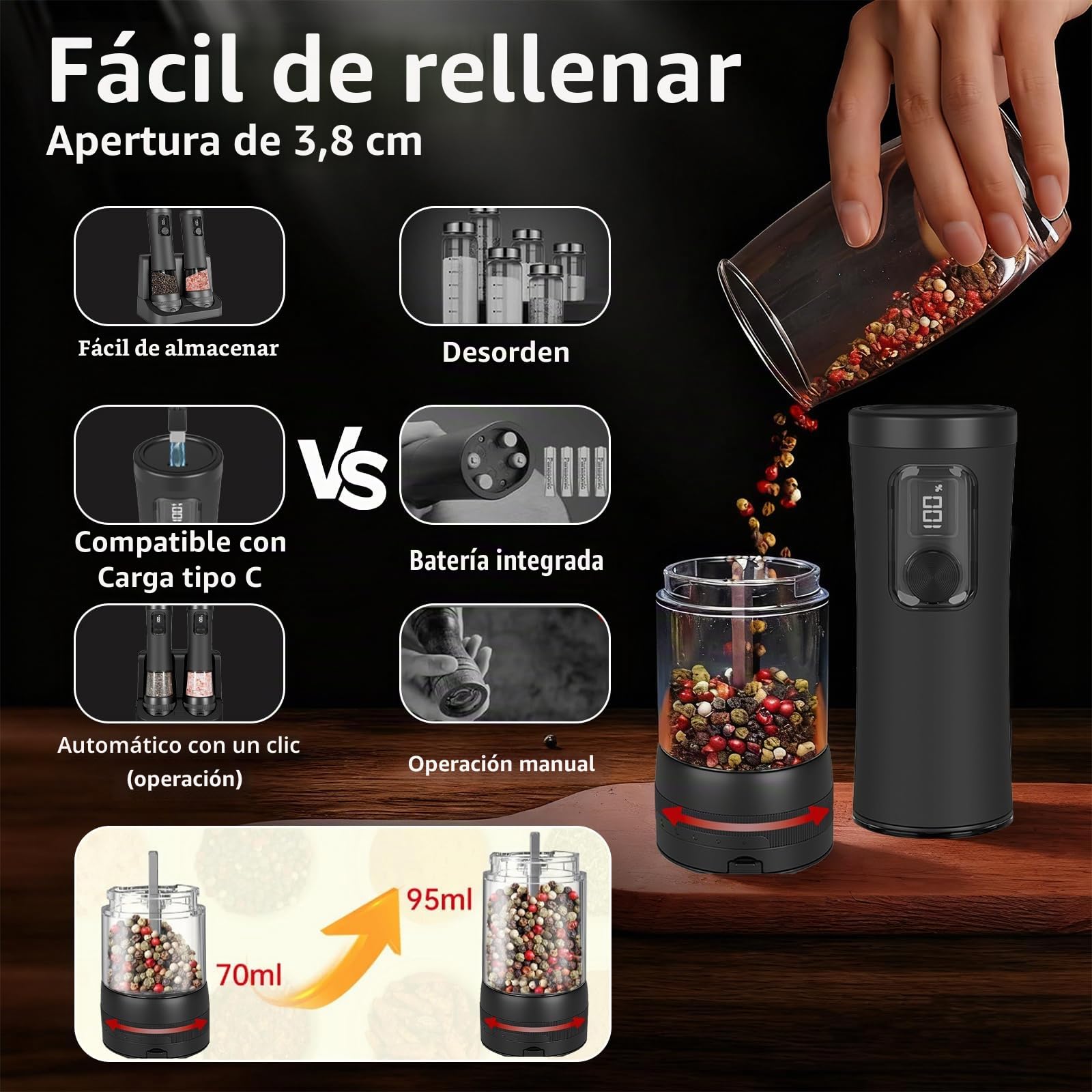 Juego de molinillos eléctricos de sal y pimienta, 2 piezas, recargable por USB, con estación de carga doble e indicador LED, 95 ml de capacidad, mecanismo de cerámica ajustable en 5 niveles