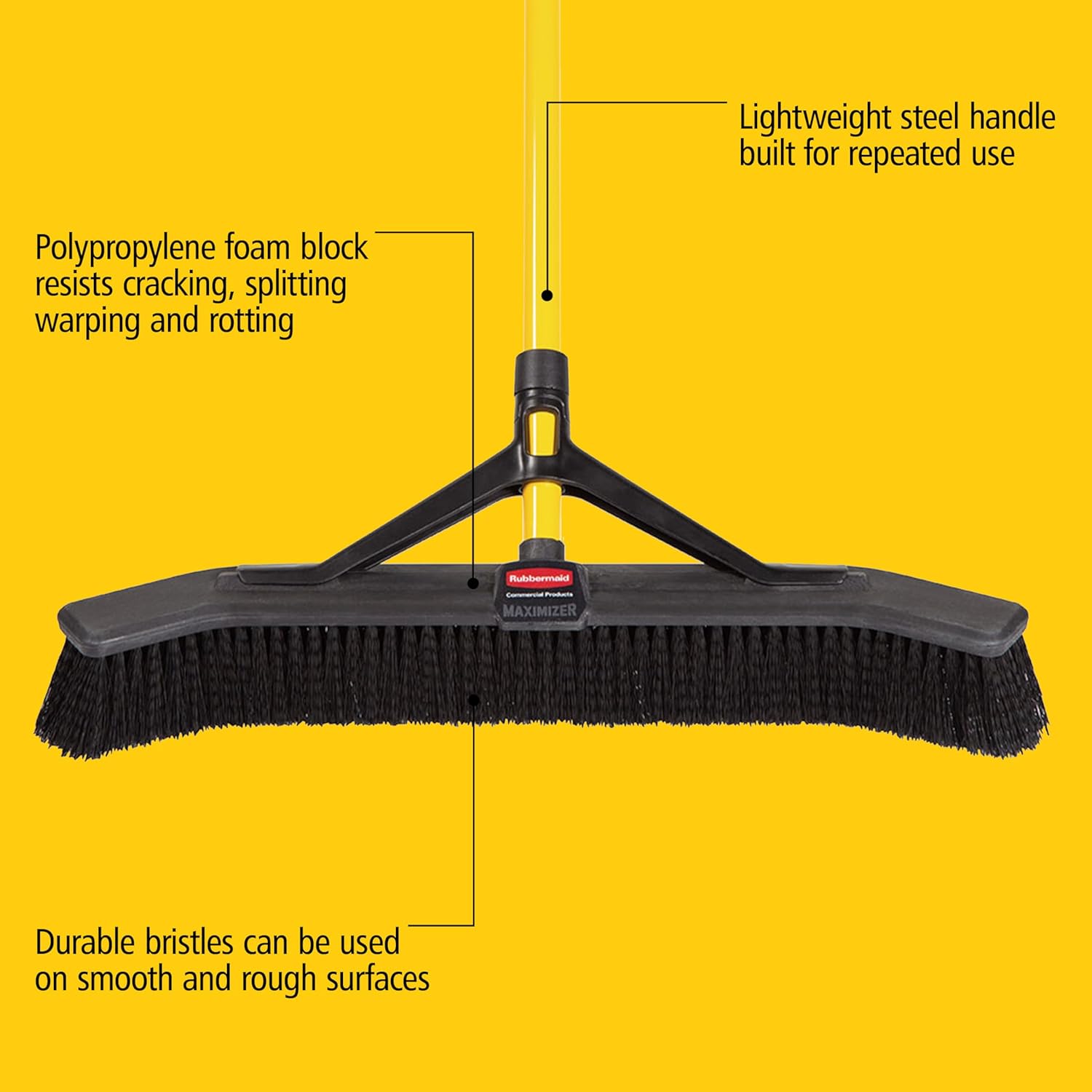 Rubbermaid Commercial Products Maximizer 36" Push to Center Push Broom Polypropylene Fill Black Angled Sides Medium Bristles for Indoor/Outdoor Multi-Surface Use