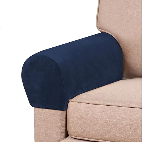 Fundas elásticas para reposabrazos de terciopelo para sillas, sofá, sillón, fundas para sofá reclinable, 2 unidades (azul marino)