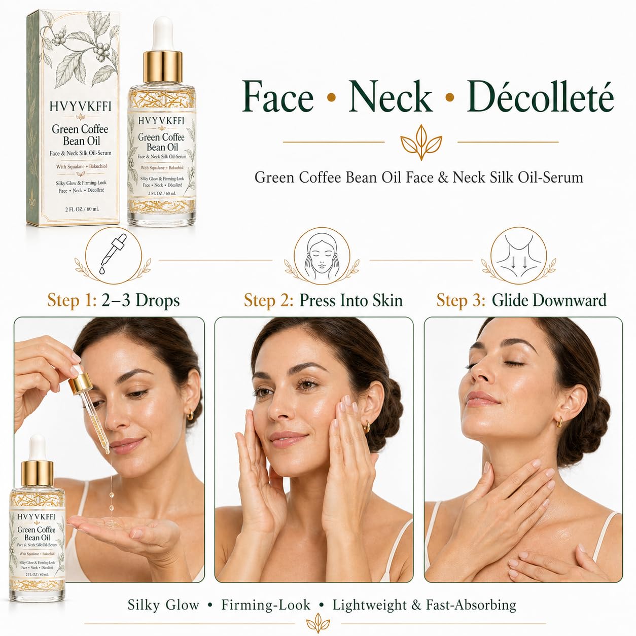 Green Coffee Bean Oil Face & Neck Silk Oil-Serum with Squalane & Bakuchiol, Lightweight Facial Oil for Dry Dull Skin, Non-Greasy Glow, Fine Lines Appearance, Face Neck Décolleté Care, 2 Fl Oz