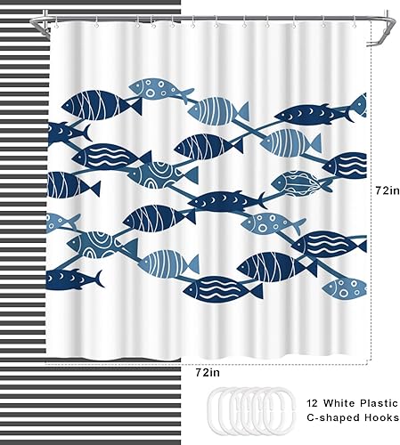 Miniatura 4 de WELMECO Cortina de ducha con diseño de pez, cortina de ducha azul y blanco, decoración de baño, tela de poliéster, 72 x 72 pulgadas