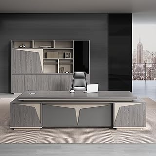94" Gray Modern L Shaped Executive Desk, Wood Computer Desk with File Drawers Study Writing Table Business Furniture Set for CEO Boss