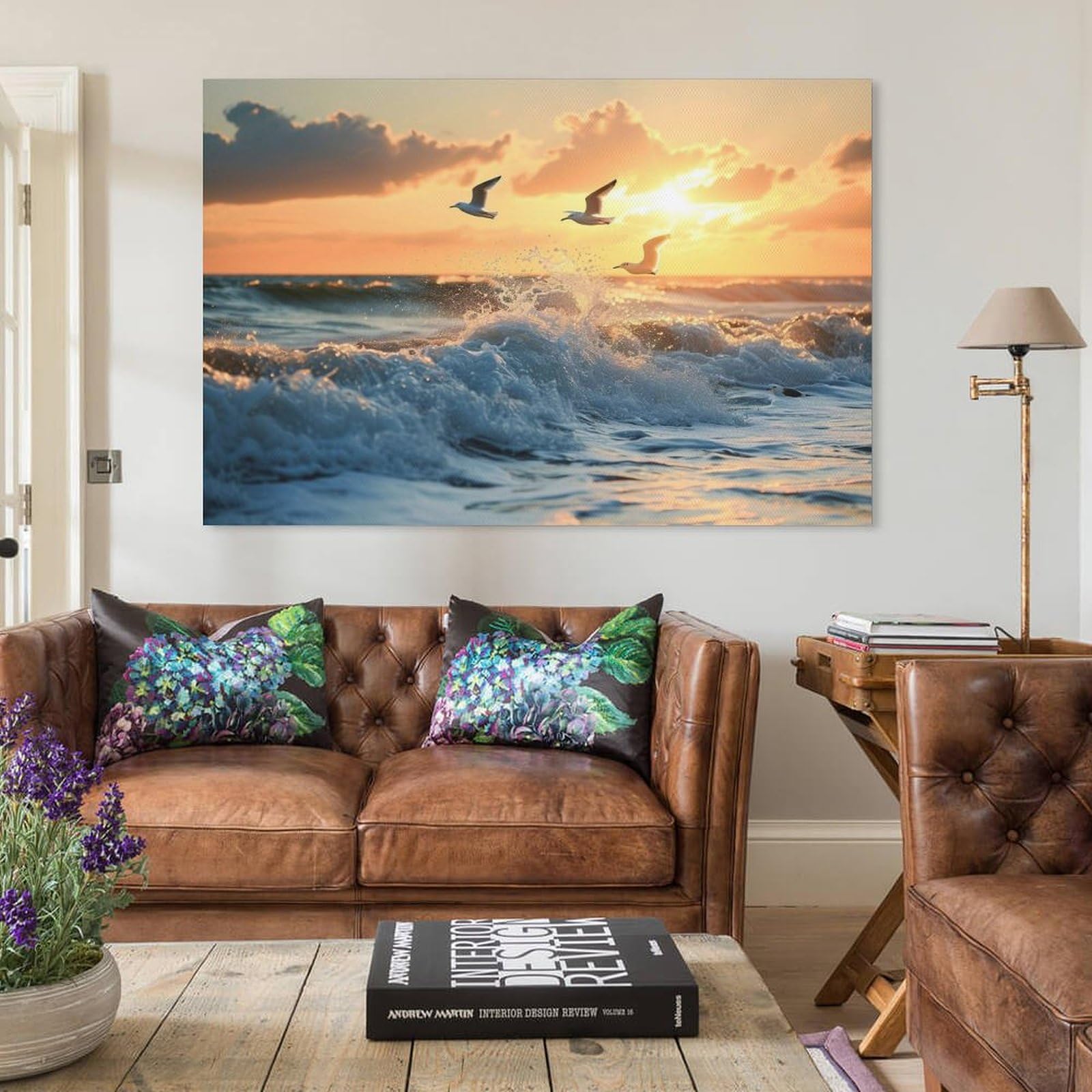 Amazon.co.jp: 絵画 夕日の波とカモメインテリア 絵画 美しい海の景色