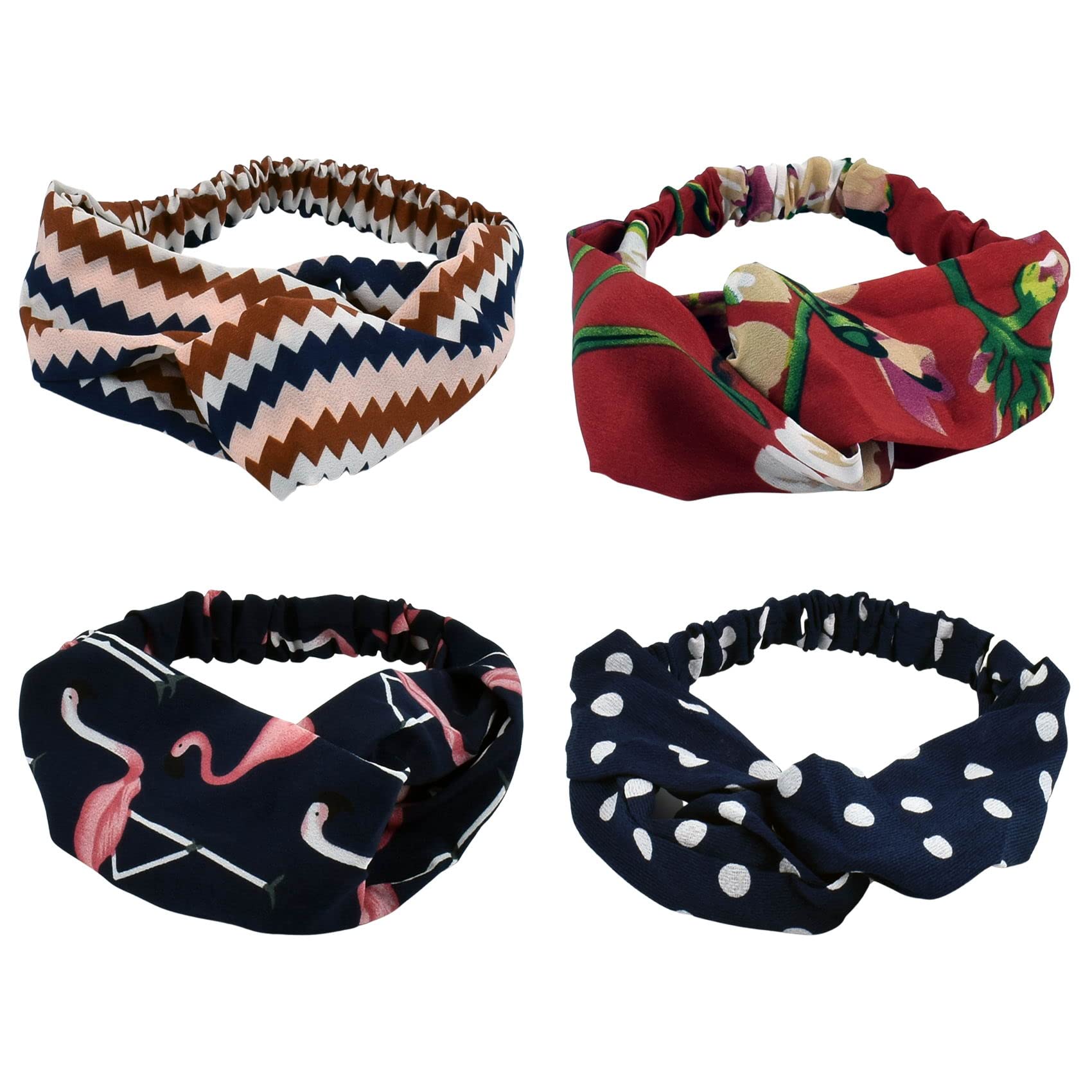 JUNFEIXUAN4 pcs Women's Headband Vintage Elastic Printed Hair Headbands Yoga Head Wrap Twisted Hair Bands Hair Accessories for Daily Wearing, Dating, Sports, Girls Wash Face Makeup Workout Yoga Running (D)