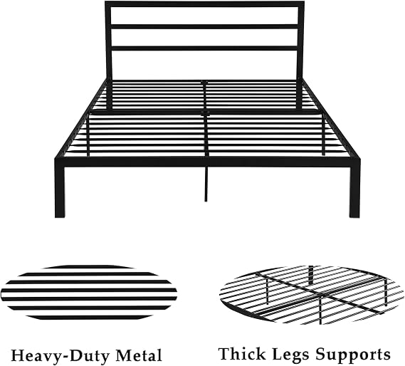Modern Queen Platform Metal Bed Frame with Headboard,Heavy Duty Metal Mattress Foundation with Under Bed Storage&Steel Slat Support,No Box Spring Needed (Black)