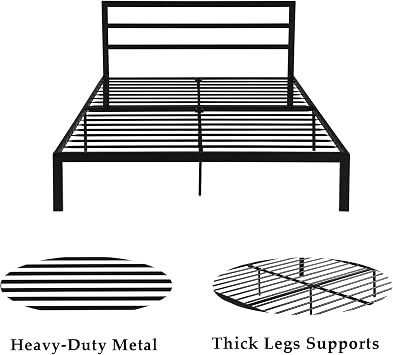 Modern Queen Platform Metal Bed Frame with Headboard,Heavy Duty Metal Mattress Foundation with Under Bed Storage&Steel Slat Support,No Box Spring Needed (Black)
