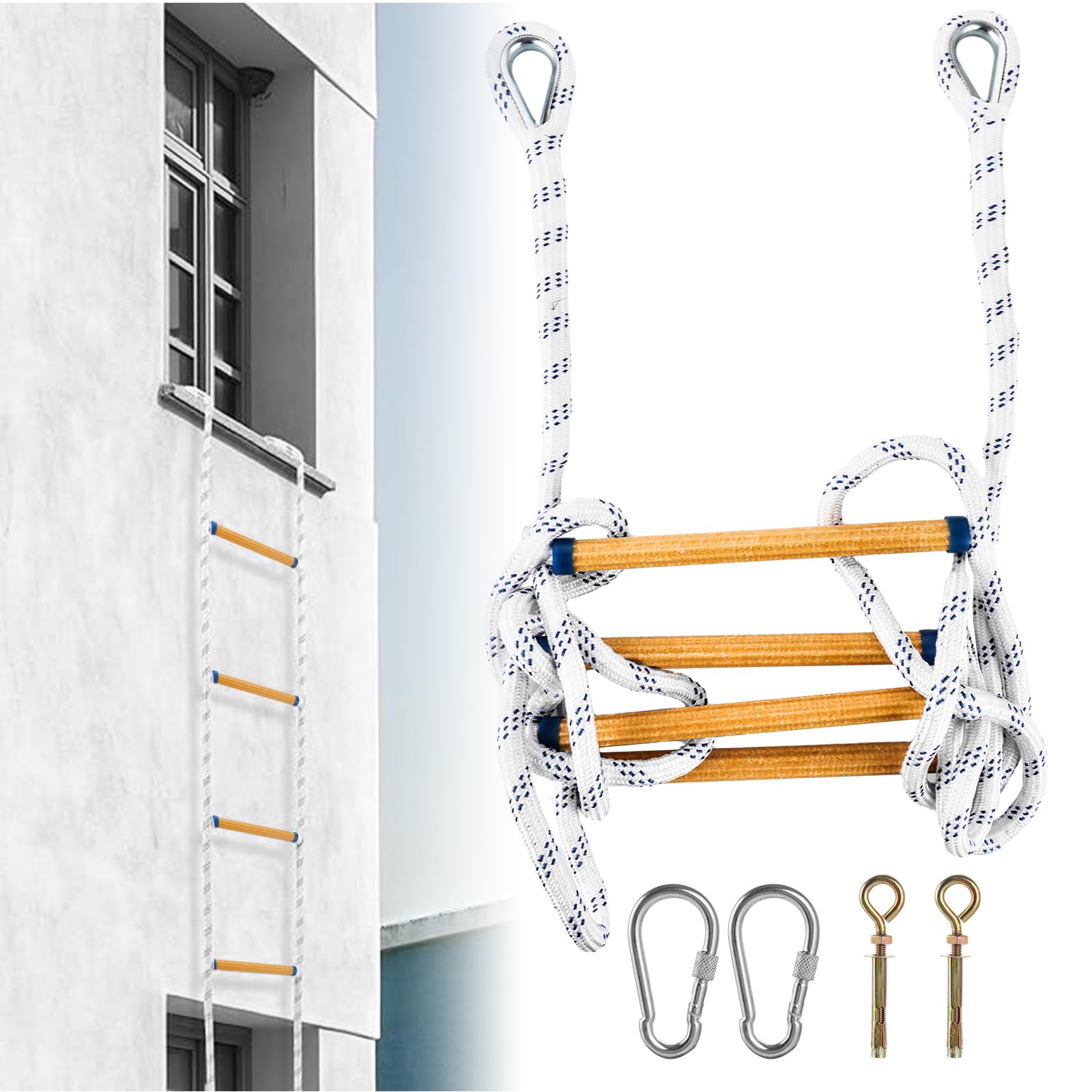 Échelle De Corde 2 m avec Crochets De Fixation | 2 m, Orange et Blanc, Barreaux 28 cm, Polypropylène, Résine, 2 Crochets, 2 Anneaux, Pliable, Portable