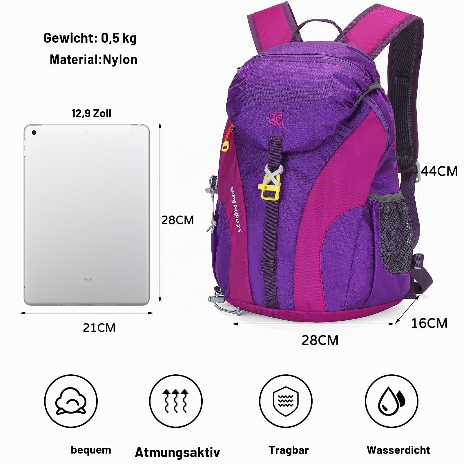 Wanderrucksack Wasserdichter Rucksack 25L Leichter Reiserucksack Daypack Hiking Backpack für Damen Herren Trekking Radfahren Klettern Reisen Sport Lila