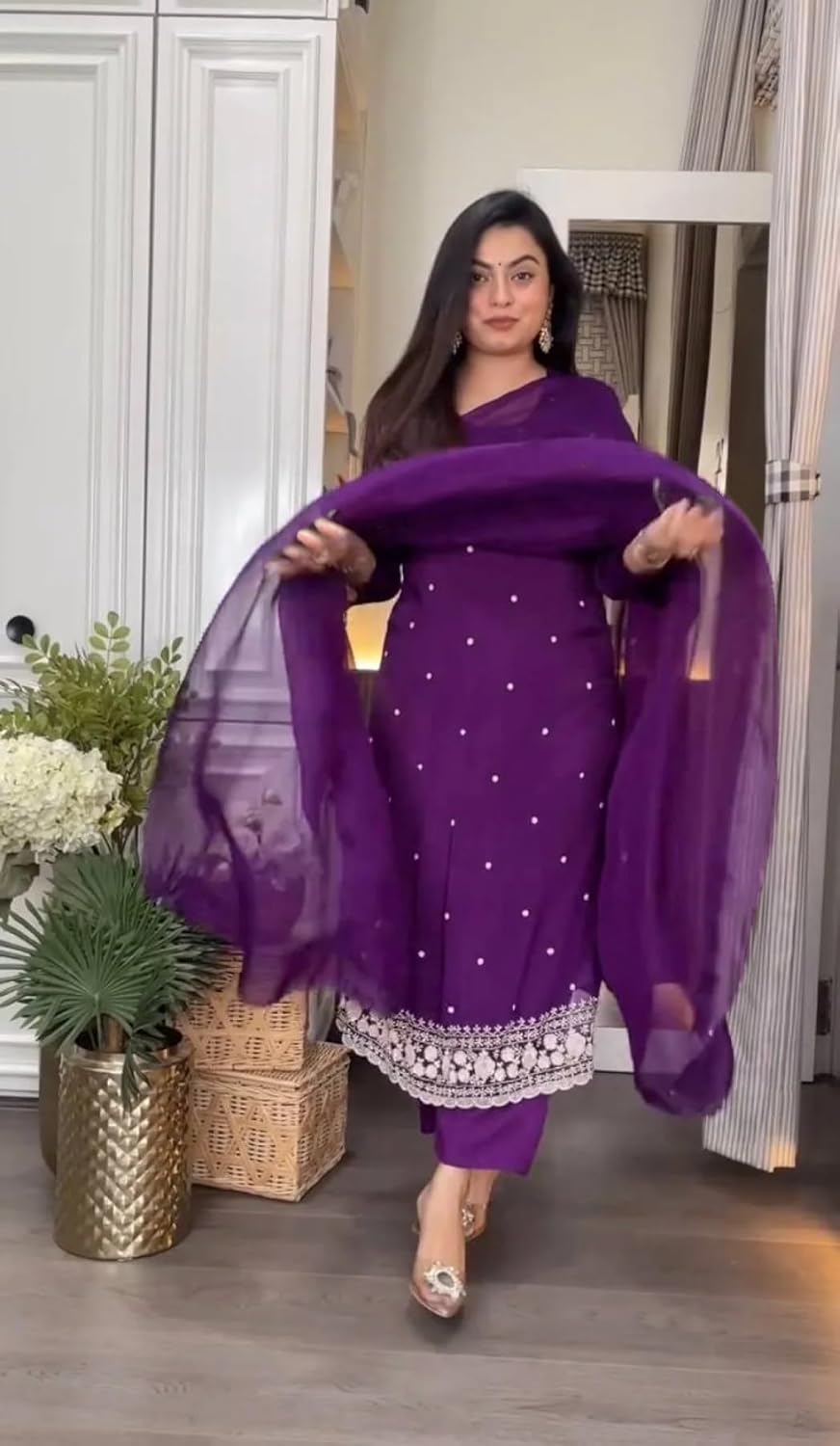 Women Purple Kurti Pant Dupatta 3pc Set Chinnon Suit Ethnic Wear Festive Diwali EID Outfit