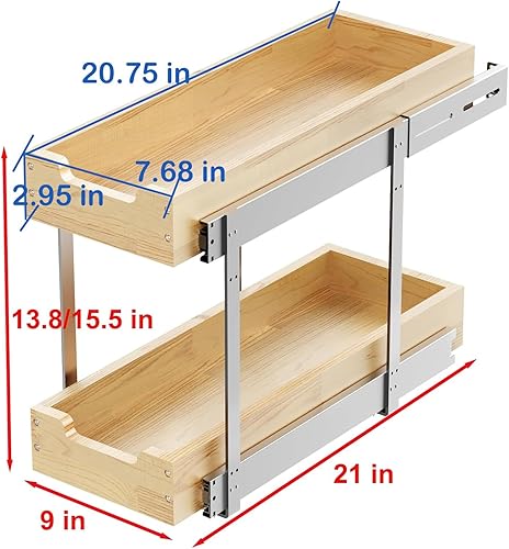 Sikarou Organizador de armario extraíble de madera, 2 lazos de 9 pulgadas de ancho x 21 pulgadas de profundidad, cajones deslizantes resistentes