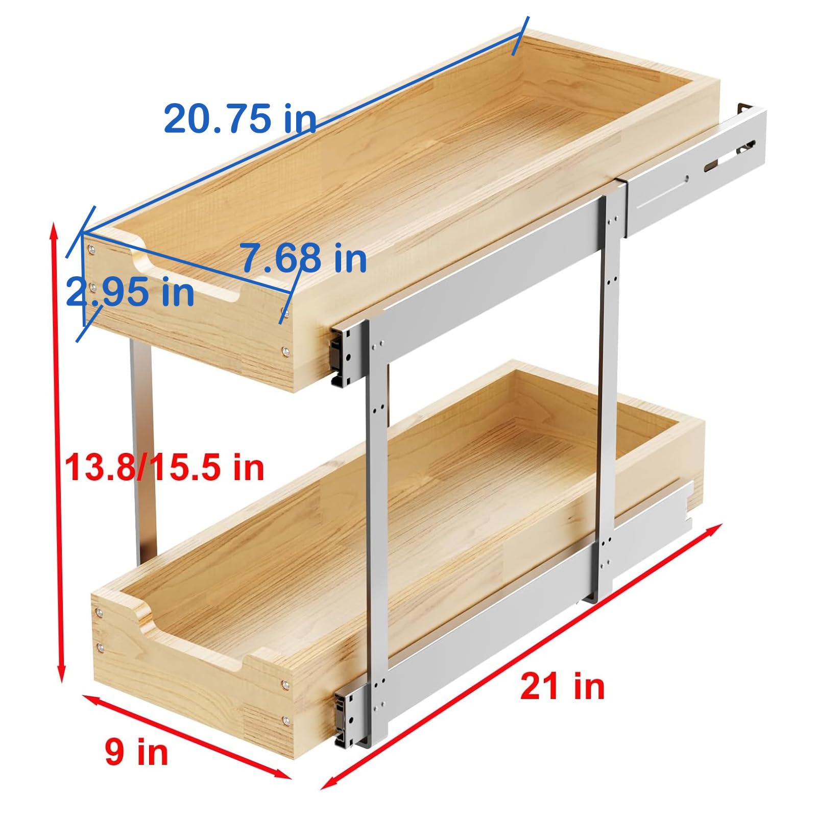 Organizador de armario extraíble de madera, 2 lazos de 9 pulgadas de ancho x 21 pulgadas de profundidad, cajones deslizantes resistentes para armarios interiores, almacenamiento y organización 2