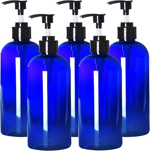 Youngever Paquete de 5 botellas de plástico con bomba de 16 onzas, botellas de plástico recargables (azul)