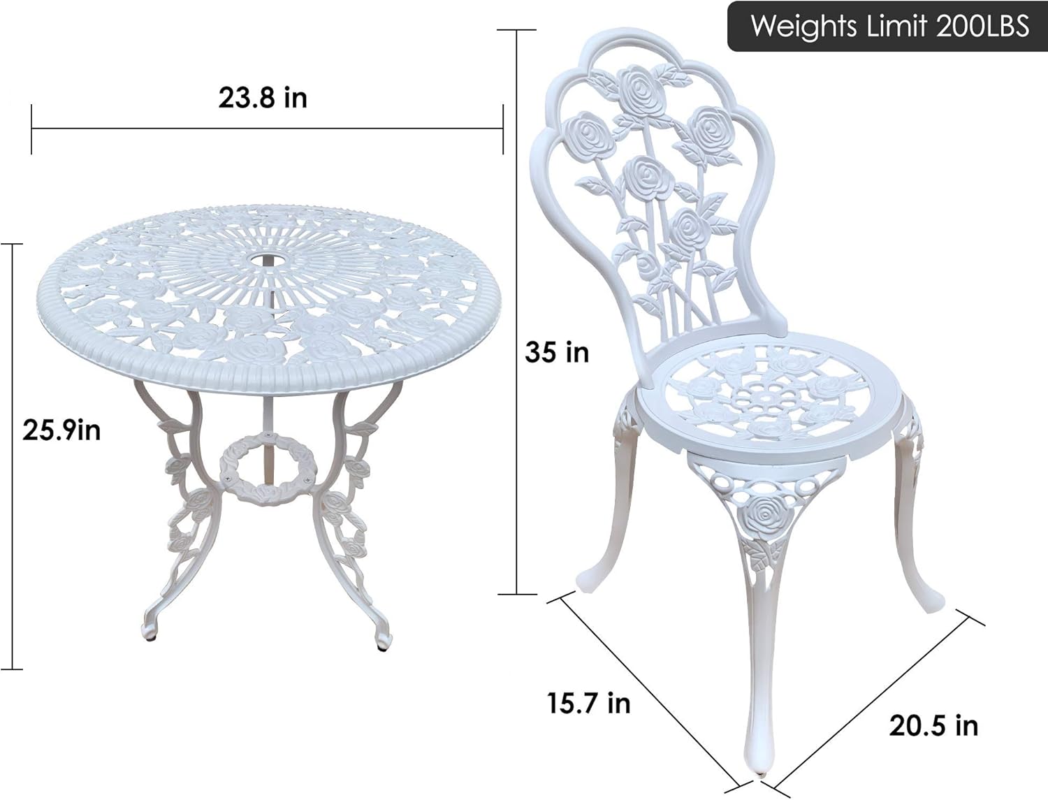 Bistro Table Set, Outrora 3 Piece Outdoor Patio Set Rust-Resistant Cast Aluminum White Rose Design Outdoor Table and Chairs Furniture with Umbrella Hole : Clothing, Shoes & Jewelry