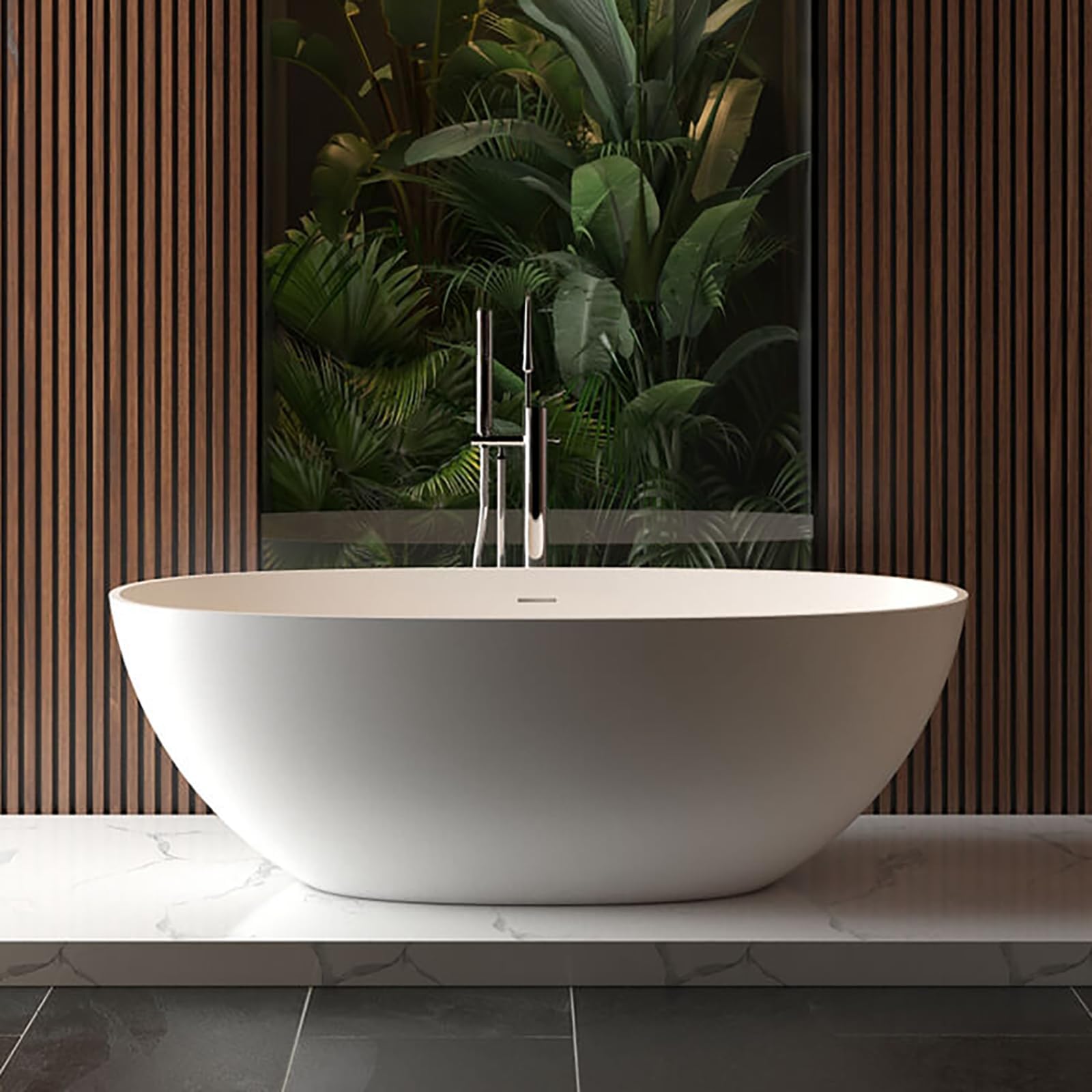 GarveeLife Freestanding Solid Surface Bathtub 65 Inch – Matte White Stone Stand Alone Soaking Tub with Ergonomic Curves, Deep Modern Bathtub for Luxury Main Bathroom