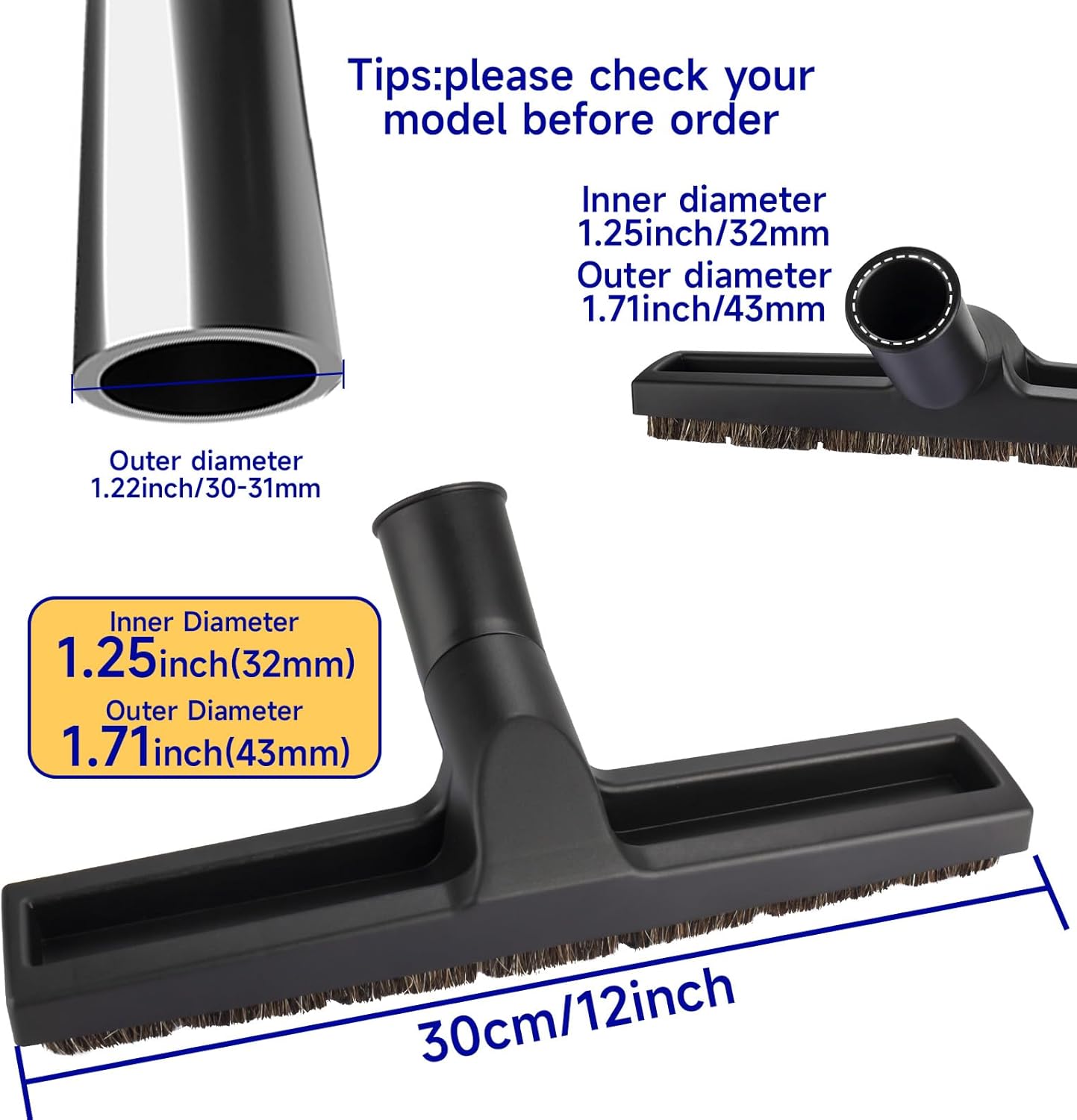 12" Universal Vacuum Floor Brush Attachment 360° Swivel Head Floor Brush Tool 1.71 inch Vacuum attachments Horse Hair Brush,Vacuum Hardwood Floor Attachment