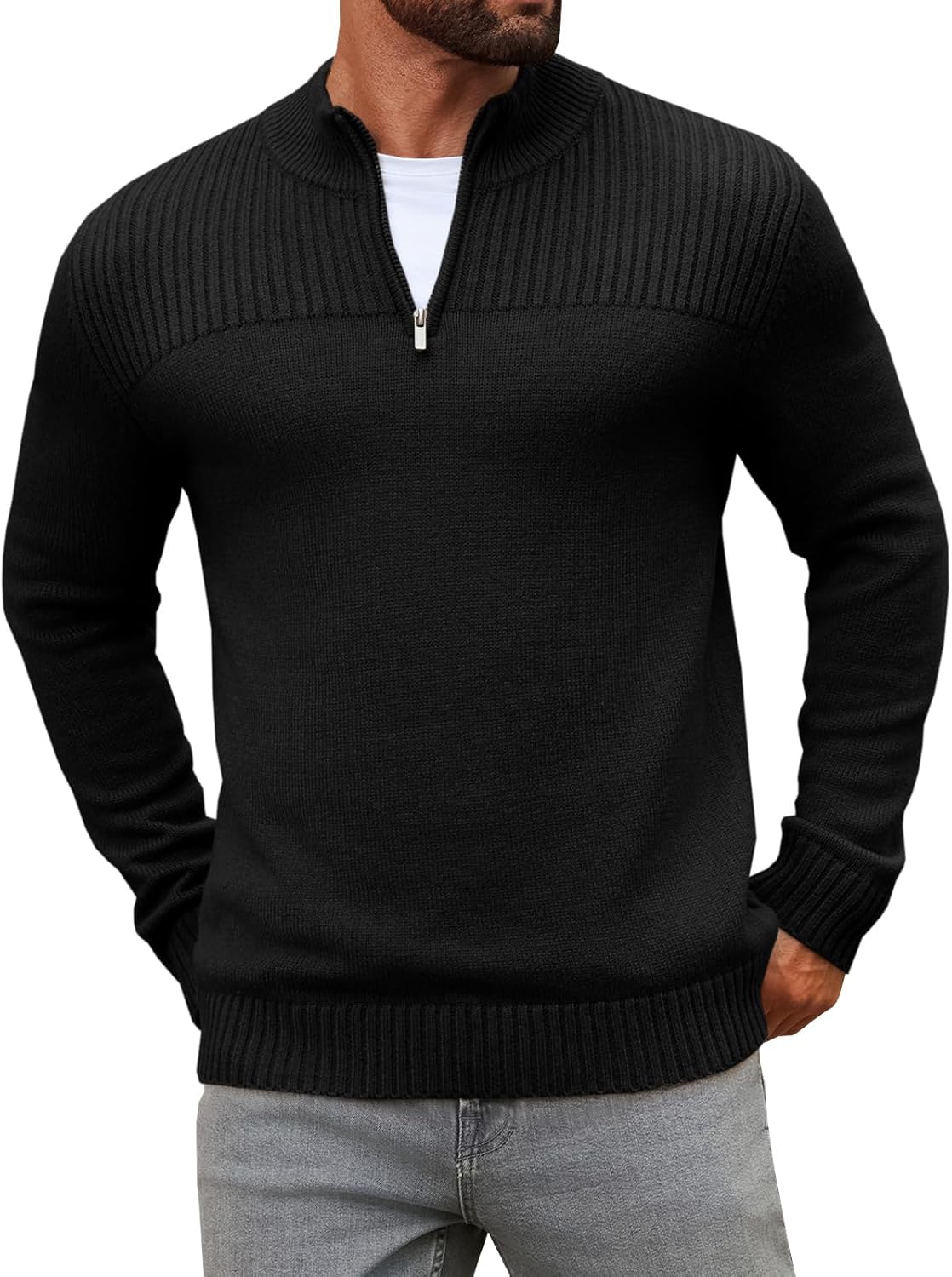 Runcati Mens Quarter Zip Sweater Long Sleeve Slim Fit Pullover Mock Neck Casual Ribbed Knit Polo Sweaters