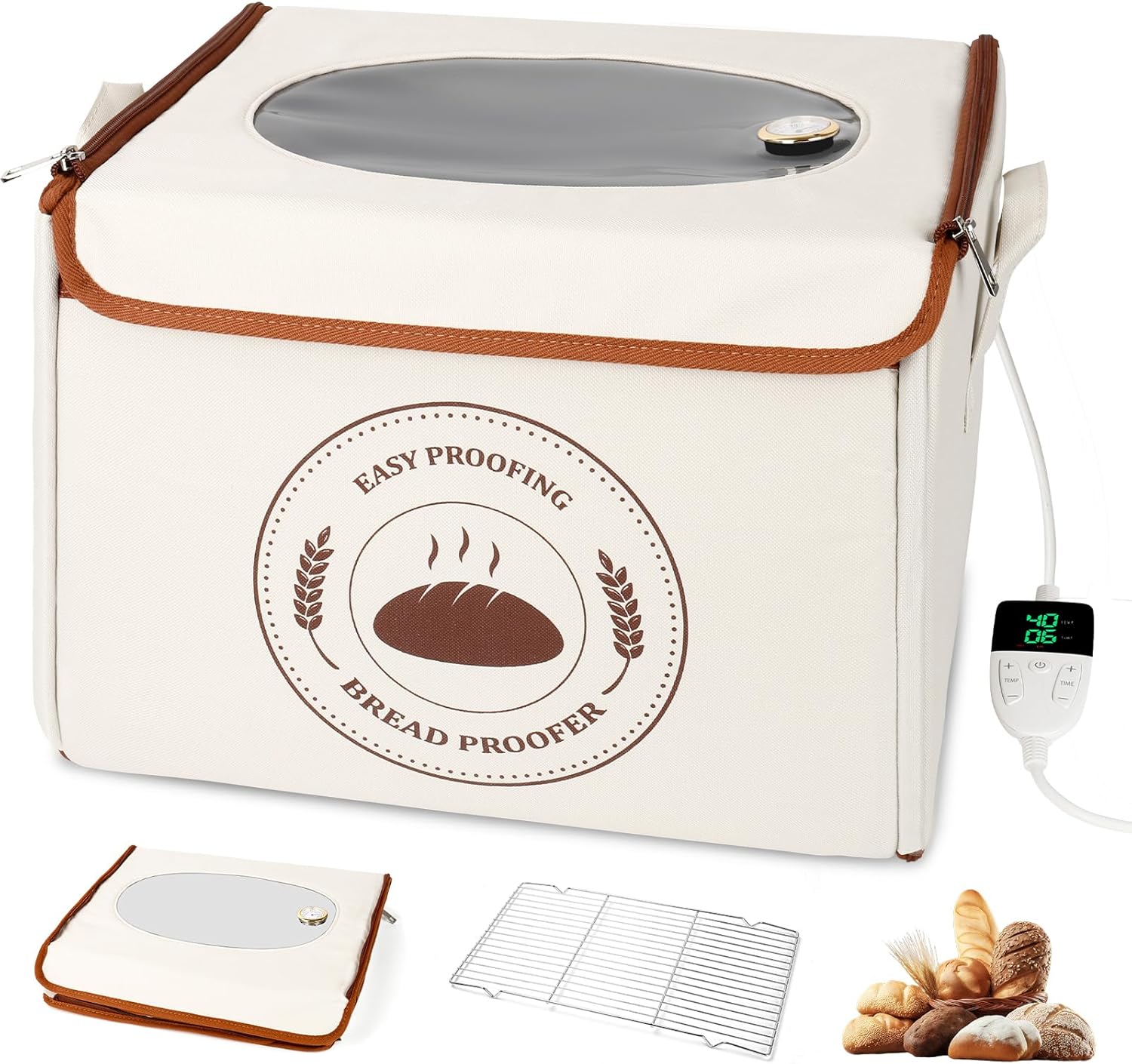 Bread Proofing Box with Temperature Control & Timer, Foldable Dough Proofer for Fermentation, Folding Sourdough Proofing Box for Bread Baking, Pizza, Yogurt, Kombucha, Wine (Beige)