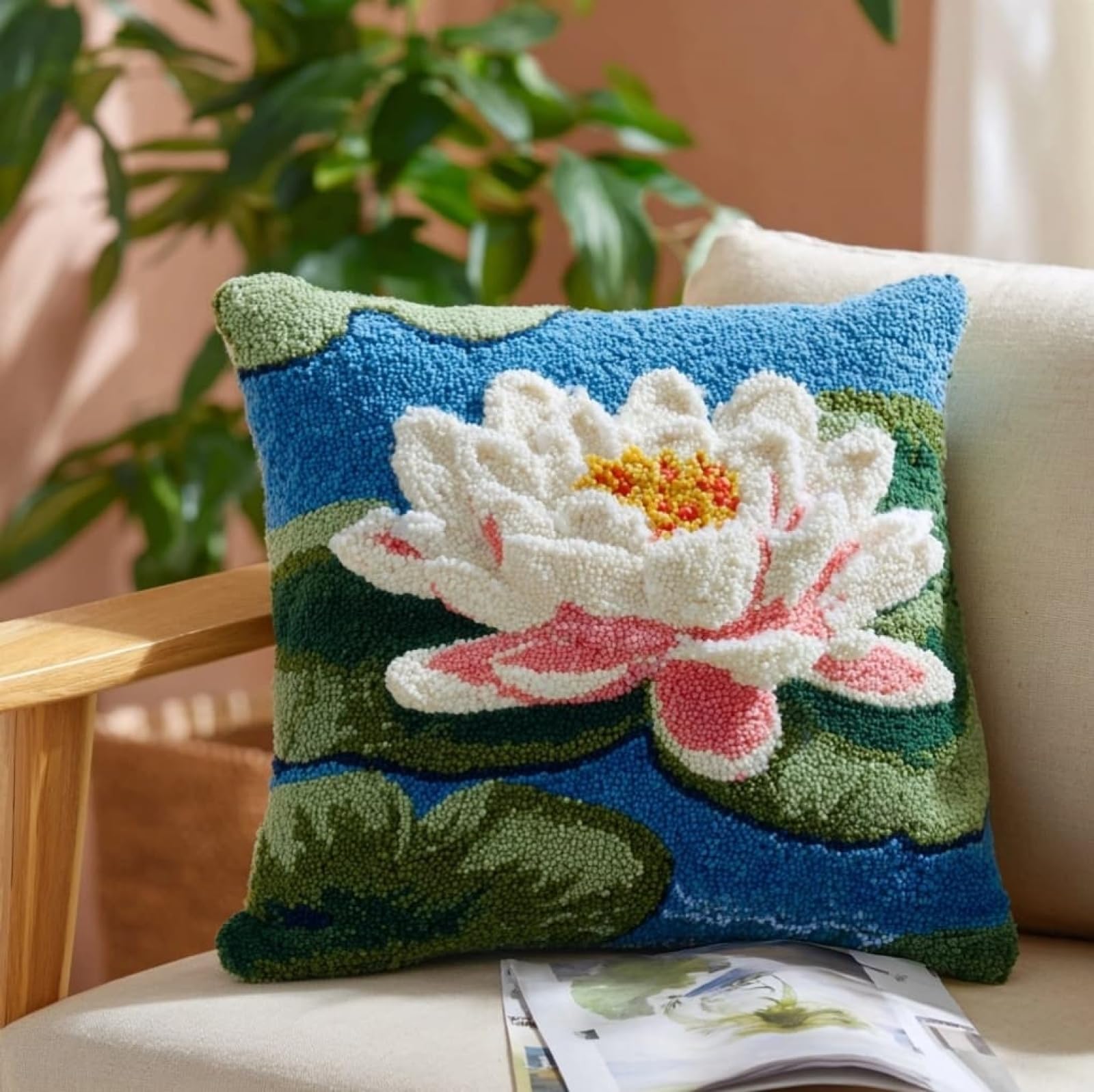 AxiangziK Latch Hook Cushion Kit 17x17 Inch,Beautiful Lotus DIY Pillow Cover Craft Set - Unique Home Decor Gift for Women/Men