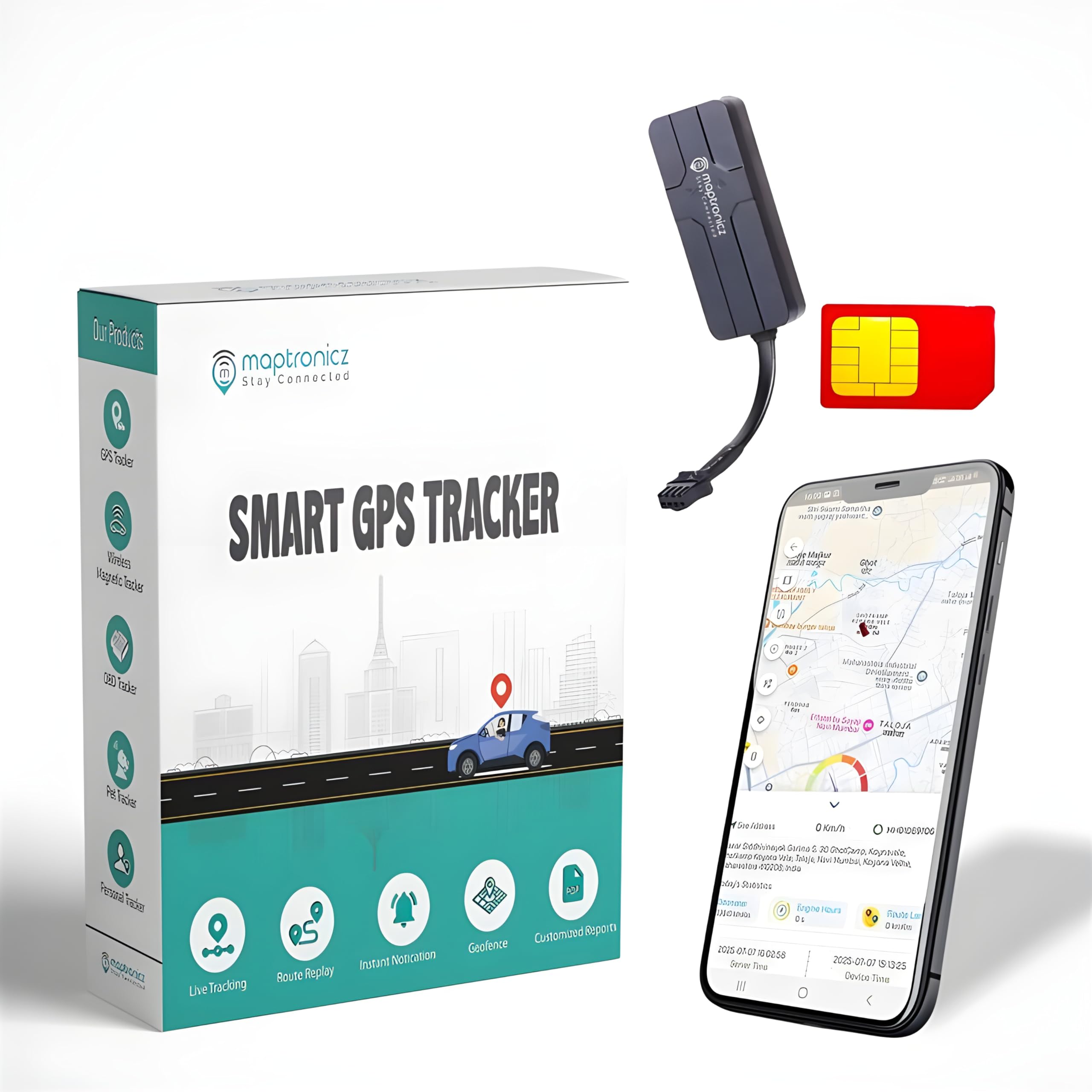 Maptronicz GPS Tracker for Cars, Bikes, Trucks,with1Year Software Subscription & Inactive Sim Card | Live Location,Engine ON/Off Alerts,Geofence & overspeeding alerts. (GPS Without sim Recharge)