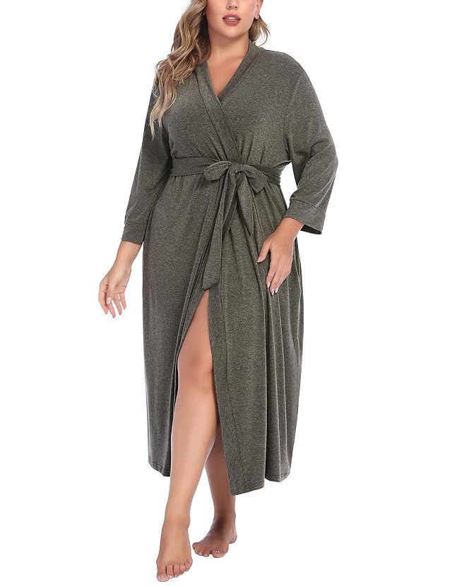 INVOLAND Womens Plus Size Kimono Robes Long Knit Bathrobe V Neck Ladies Loungewear Lightweight Soft Sleepwear 1X-5X