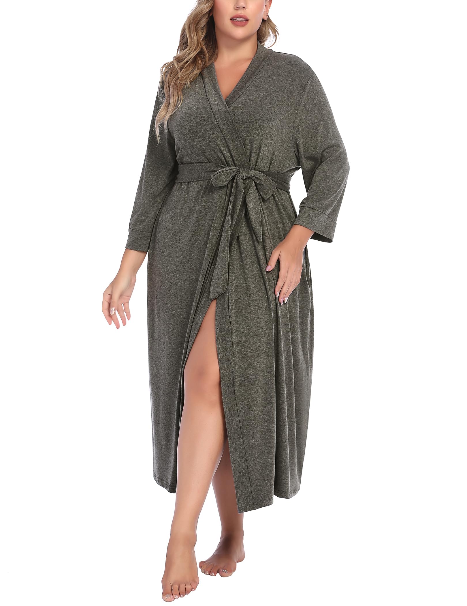 Womens Plus Size Kimono Robes Long Knit Bathrobe V Neck Ladies Loungewear Lightweight Soft Sleepwear 1X-5X