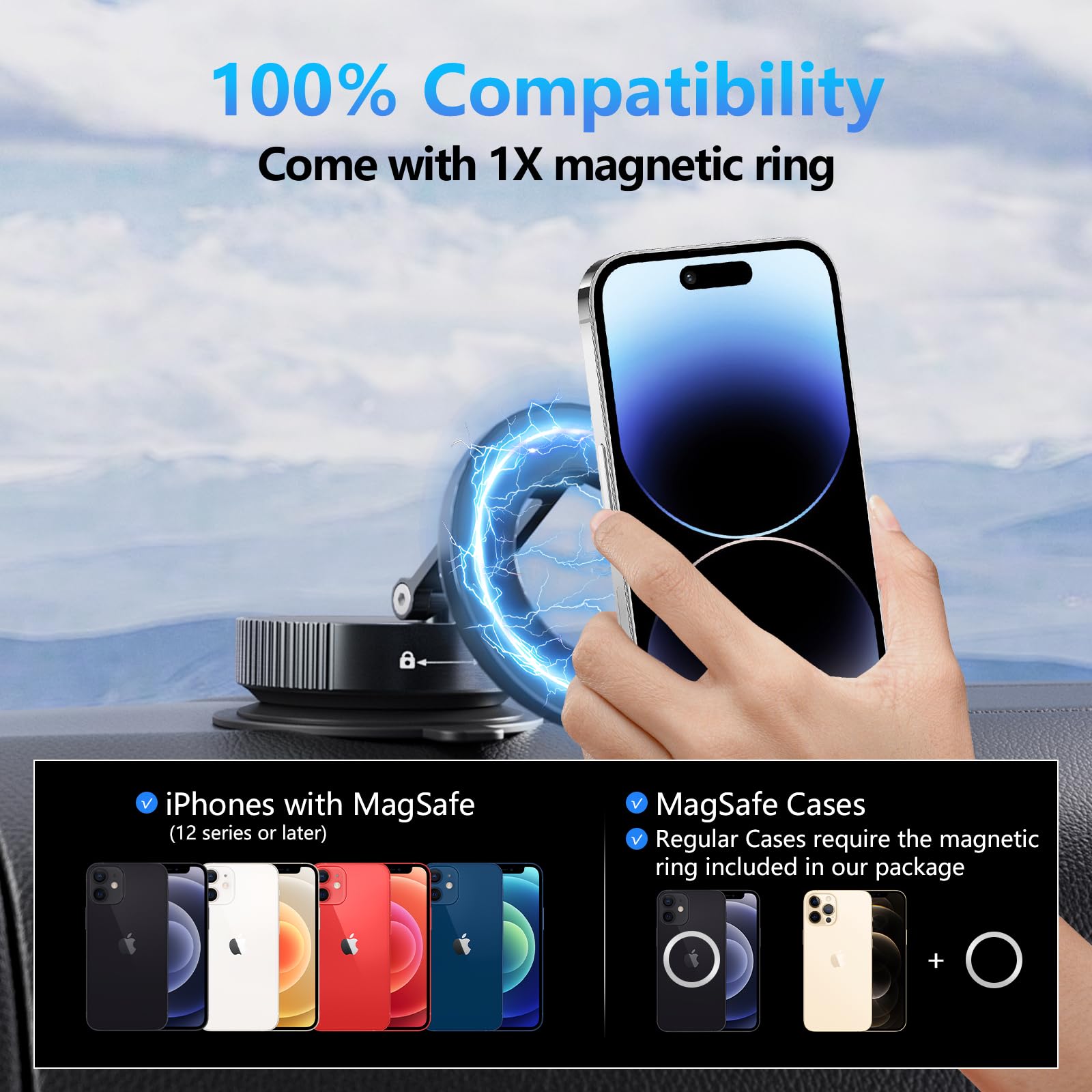 Soporte de teléfono con ventosa al vacío, soporte magnético ajustable de 360° para coche, [89 libras de succión más fuerte y magnético de 2800 gf] bloqueo giratorio para coche/gimnasio/espejo