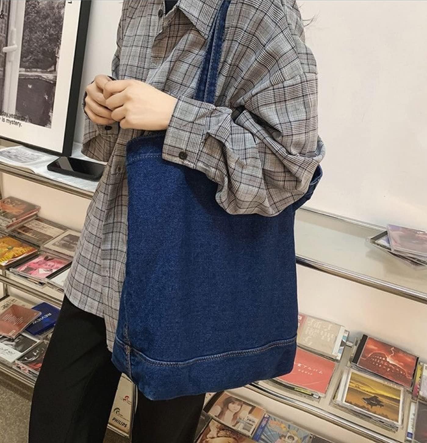 YunZh Canvas Bag Denim Tote Shoulder Handbag Shopping Travel Pockets Reusable Grocery Bags - Image 2