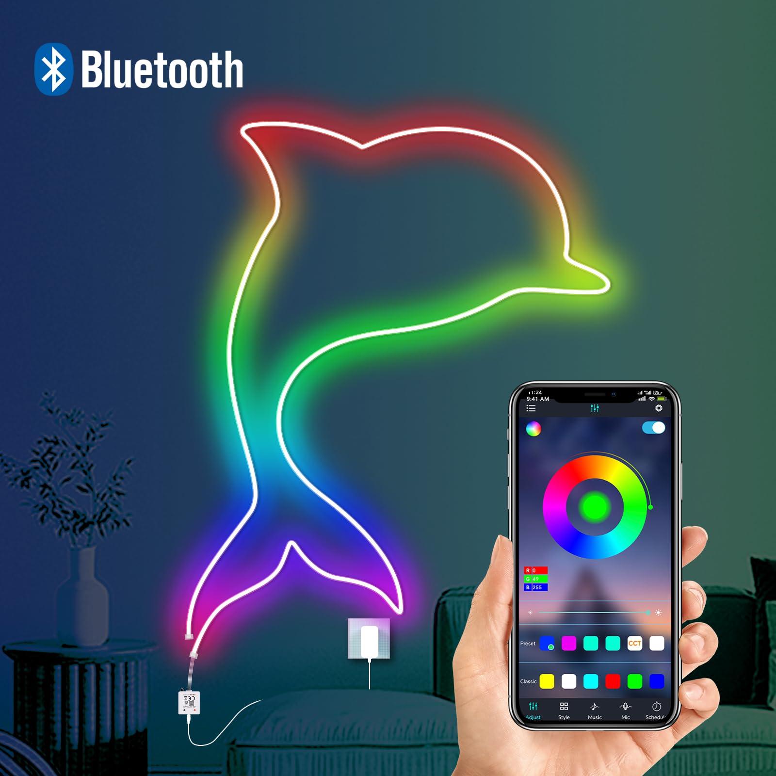 24V Neon LED Strip, 3535 60 LEDs/m RGB IP65 Waterproof Flexible Neon RGB LED Strip With 44 key Bluetooth music controller for Home, Indoor, Outdoor Decoration.