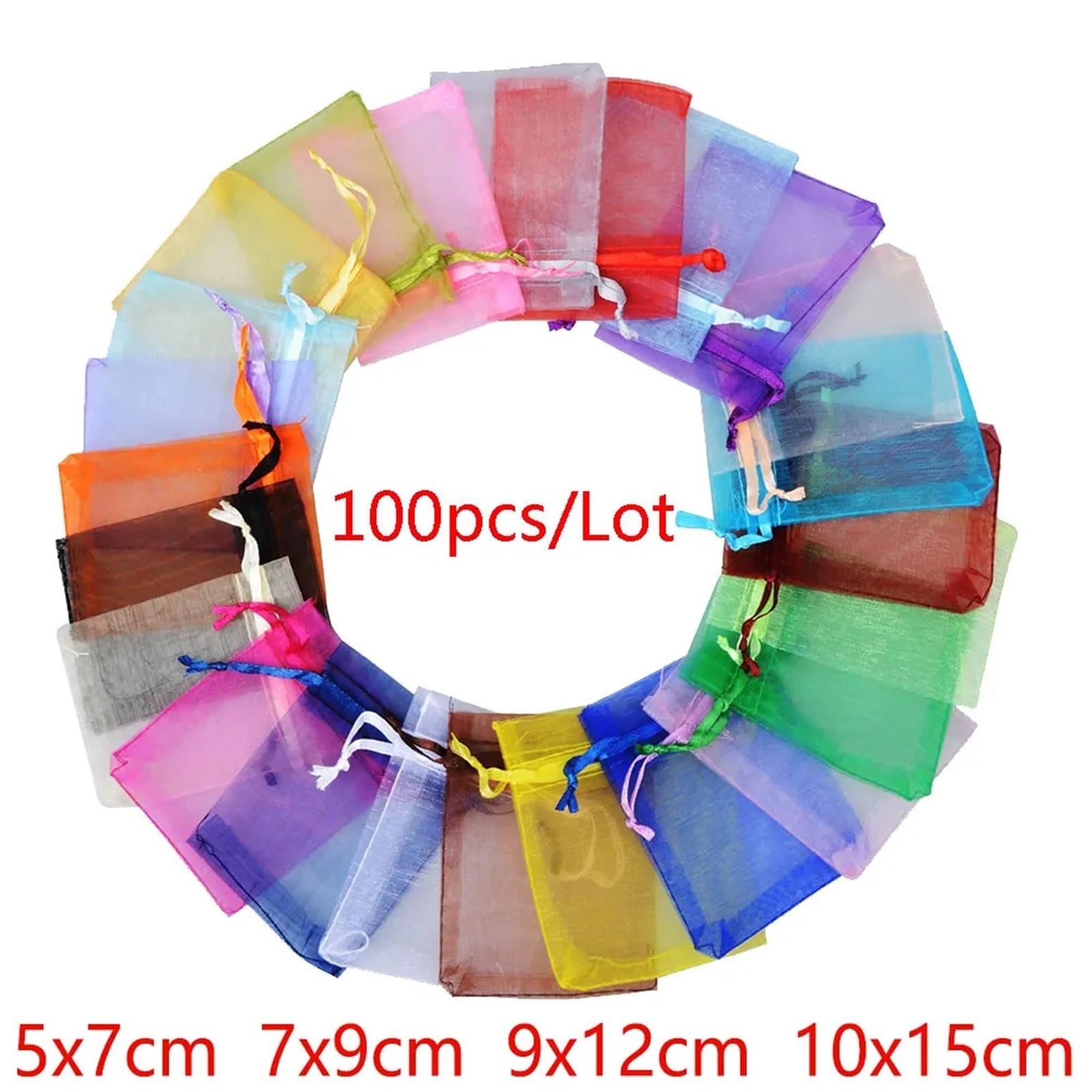 Geschenkbeutel 100 Stück Schmuckverpackungsbeutel 5 * 7 7 * 9 9 * 12 10 * 15 cm Organzabeutel Geschenkaufbewahrung Hochzeit Kordelzugbeutel(Red,10x15cm)