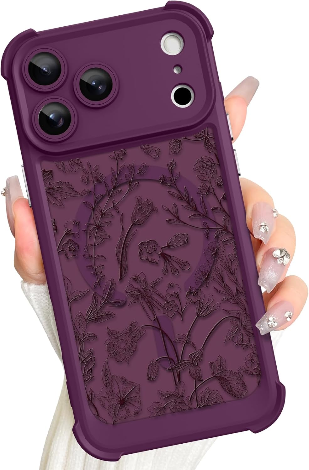 AIGOMARA Magnetic Floral for iPhone 17 Pro Max Case, Fit for Magsafe, Screen Protector, Cute Sage Flower Matte Translucent 4 Airbag Corners Camera Protection Phone Cover for Women Girls, Wine Red