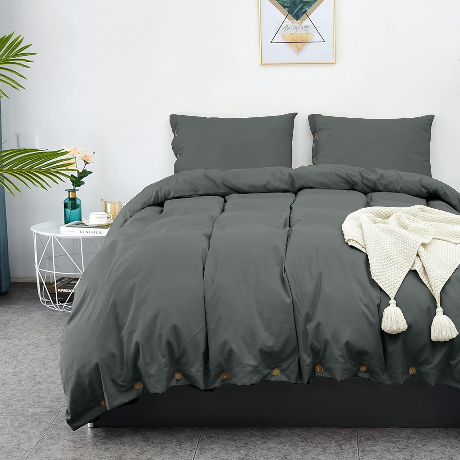 LHKIS Duvet Cover Twin, Grey Farmhouse Duvet Cover Set, Soft Microfiber Comforter Cover Hotel Button Bedding Duvet Cover 2 Pieces