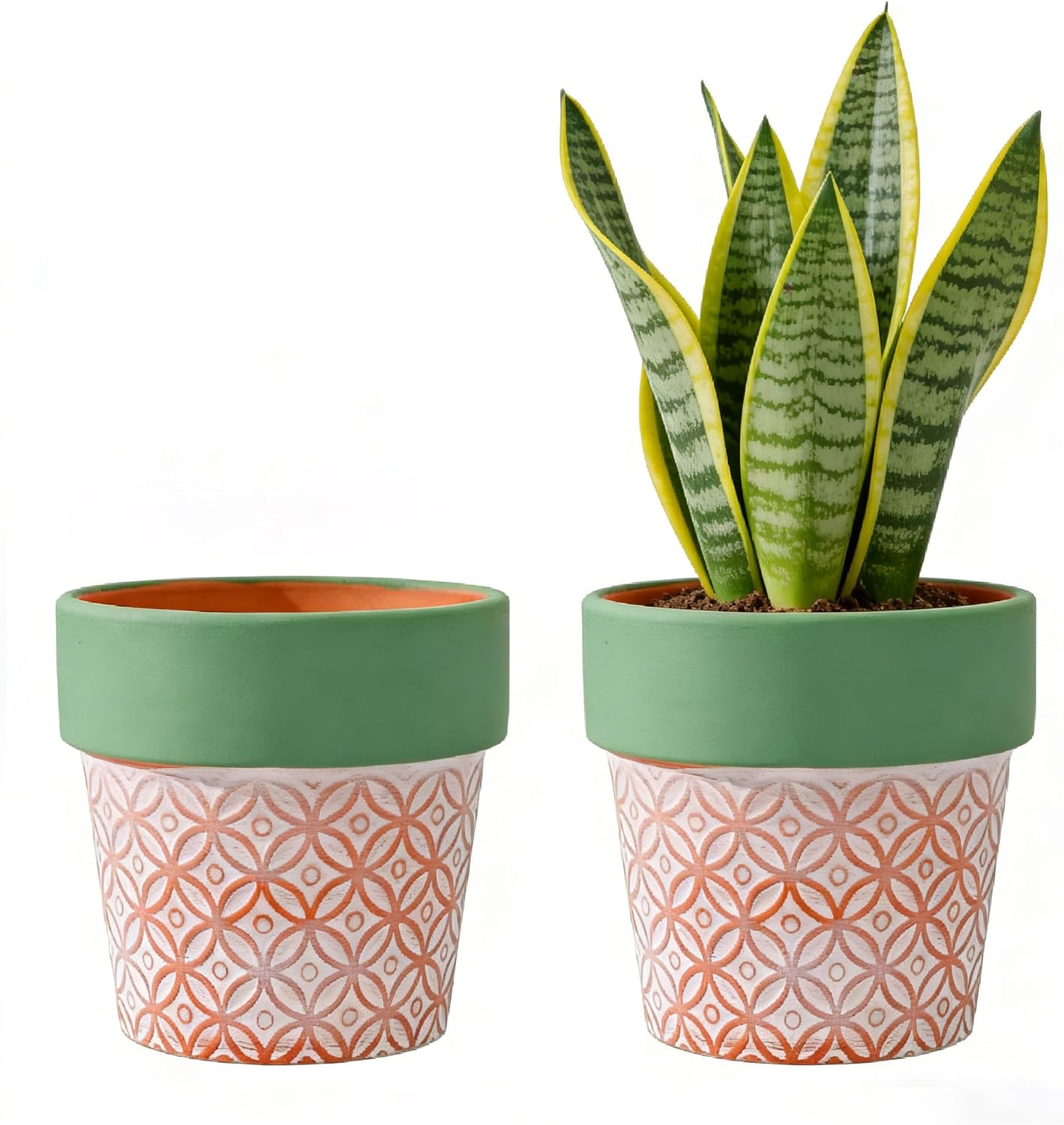 Terracotta Plant Pots Set of 2-5.9 Inch Vintage Pattern Clay Flowerpots with Green Rim & Drainage Holes, Decorative Terra Cotta Pots for Indoor Outdoor Garden Home Decor