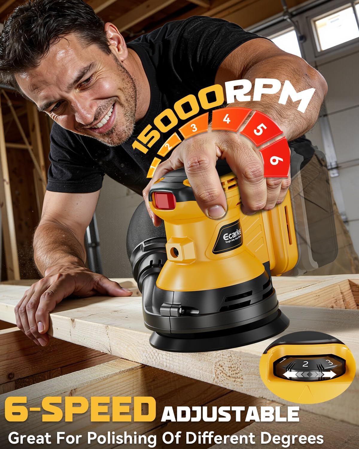 Ecarke Random Orbital Sander Compatible With Dewalt Battery (No Battery) 15000 RPM 5" Random Orbit Sander Tool with 6 Speeds & Dust Bag & 10 Sandpapers for Woodworking Sanding Polishing Carpentry